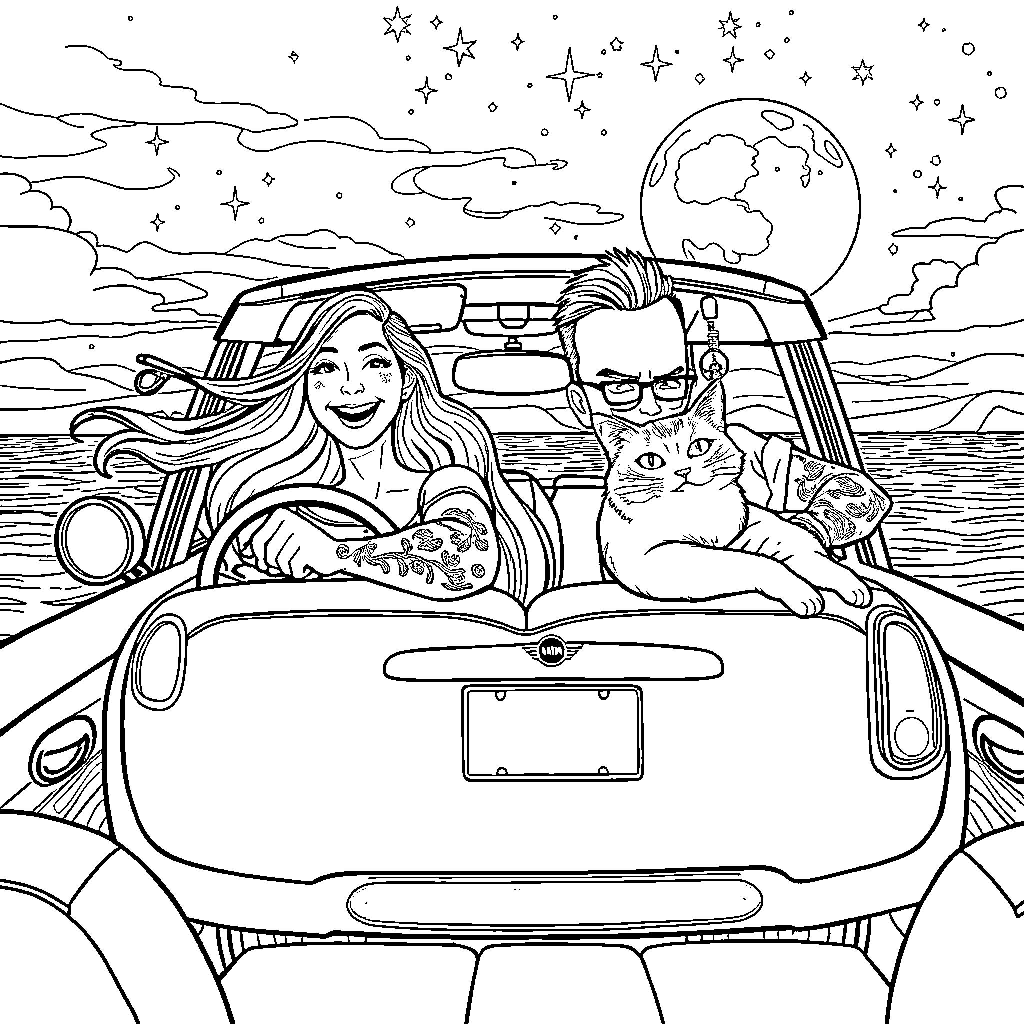 Couple enjoying a starry night drive with their pet Coloring Page (free black-and-white line drawing printable PDF for all, from beginners to advanced learners, including children, teens, adults, and seniors)