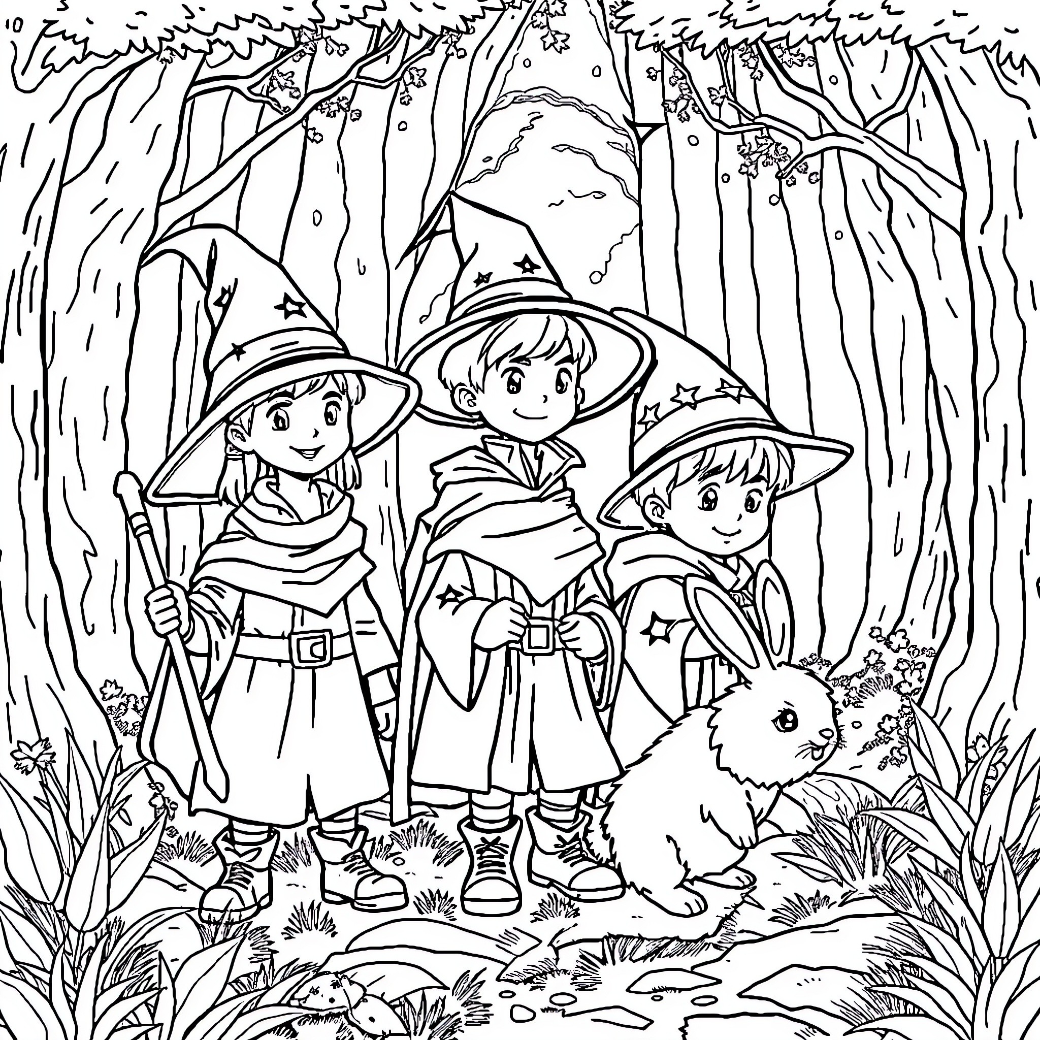 Boy Wizards Explore the Enchanted Forest Coloring Page (free black-and-white line drawing printable PDF for all, from beginners to advanced learners, including children, teens, adults, and seniors)