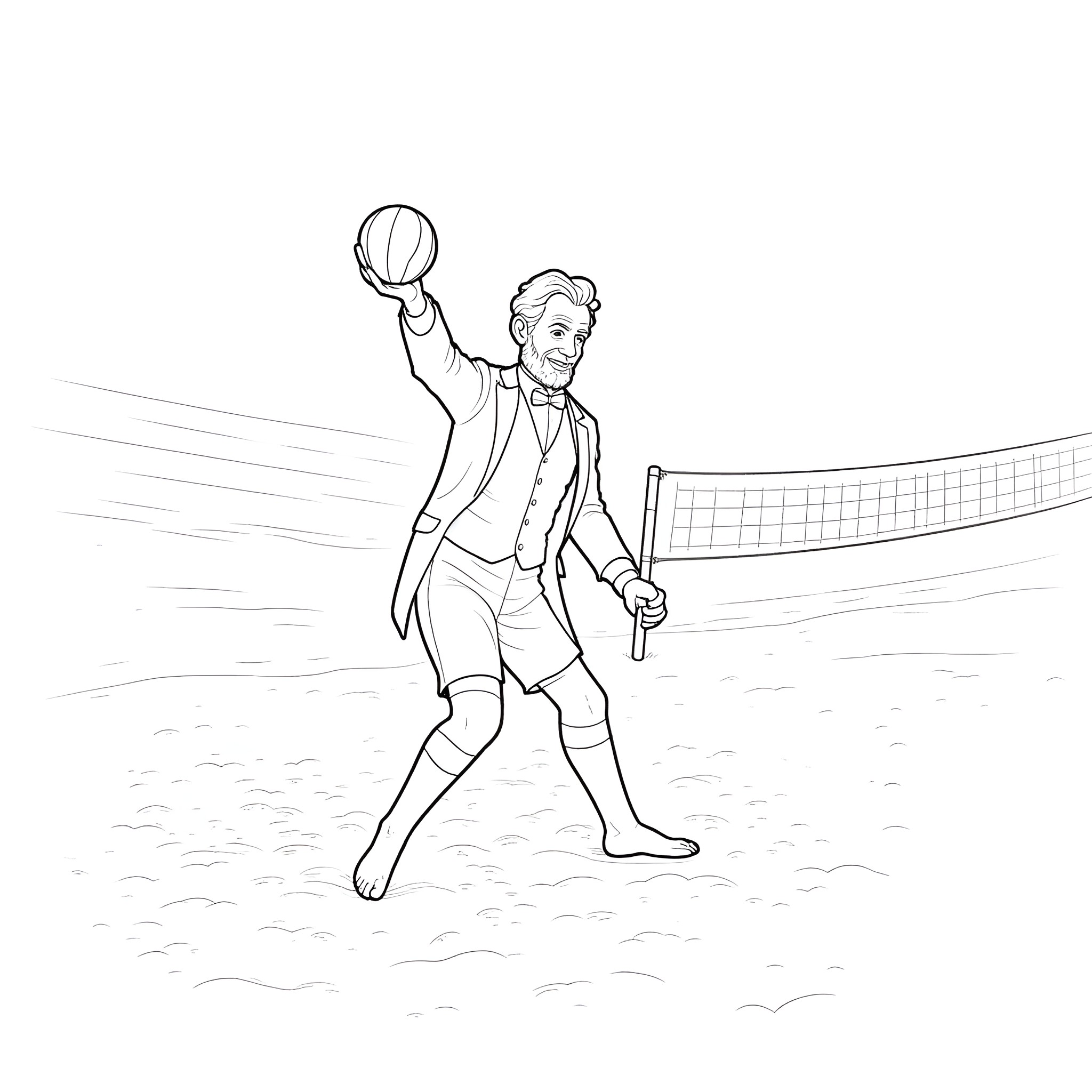 Abraham Lincoln playing volleyball with enthusiasm Coloring Page (free black-and-white line drawing printable PDF for all, from beginners to advanced learners, including children, teens, adults, and seniors)