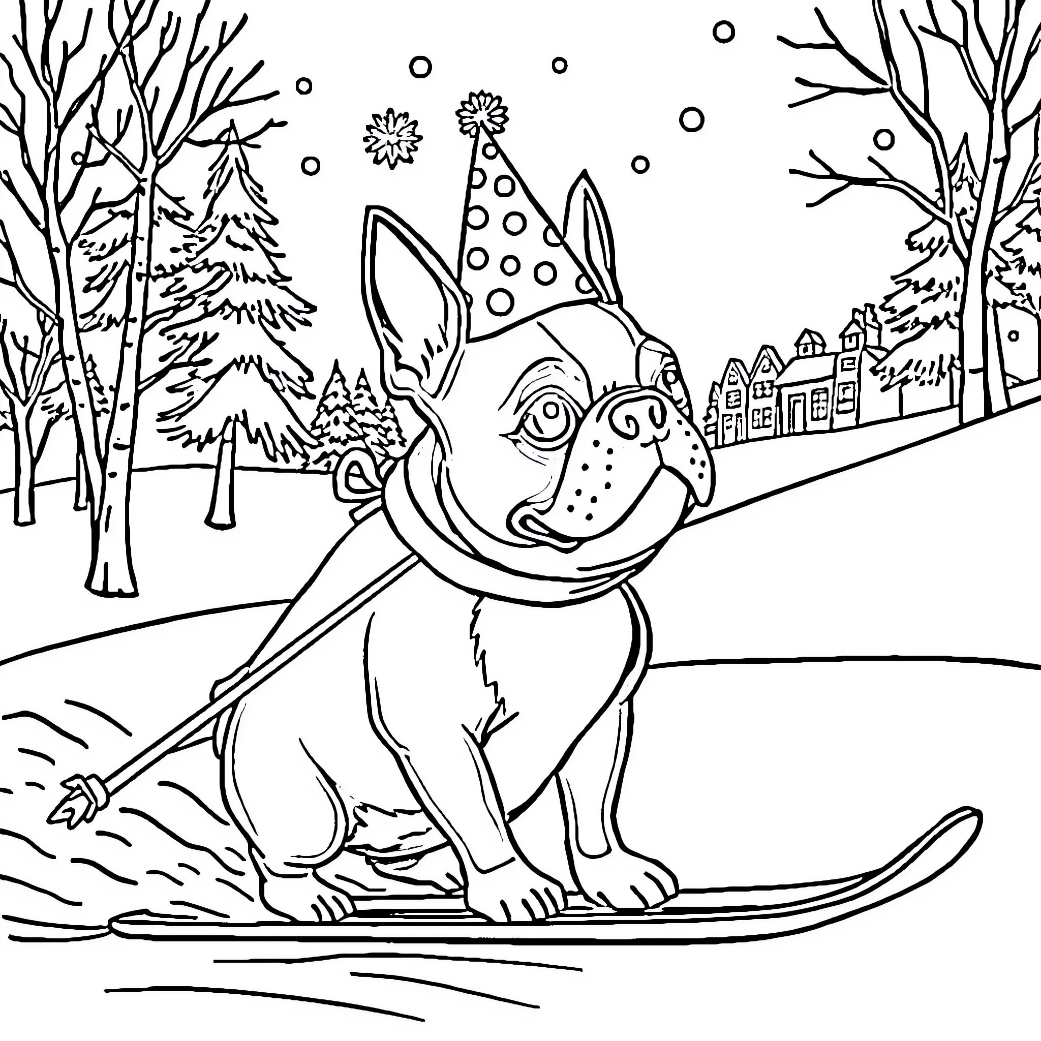 Boston Terrier sledding through snowy landscape Coloring Page (free black-and-white line drawing printable PDF for all, from beginners to advanced learners, including children, teens, adults, and seniors)