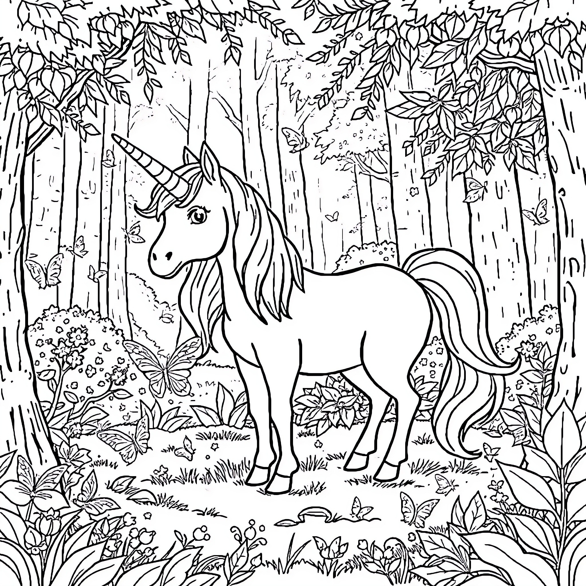 Unicorn wandering through enchanted forest Coloring Page (free black-and-white line drawing printable PDF for all, from beginners to advanced learners, including children, teens, adults, and seniors)