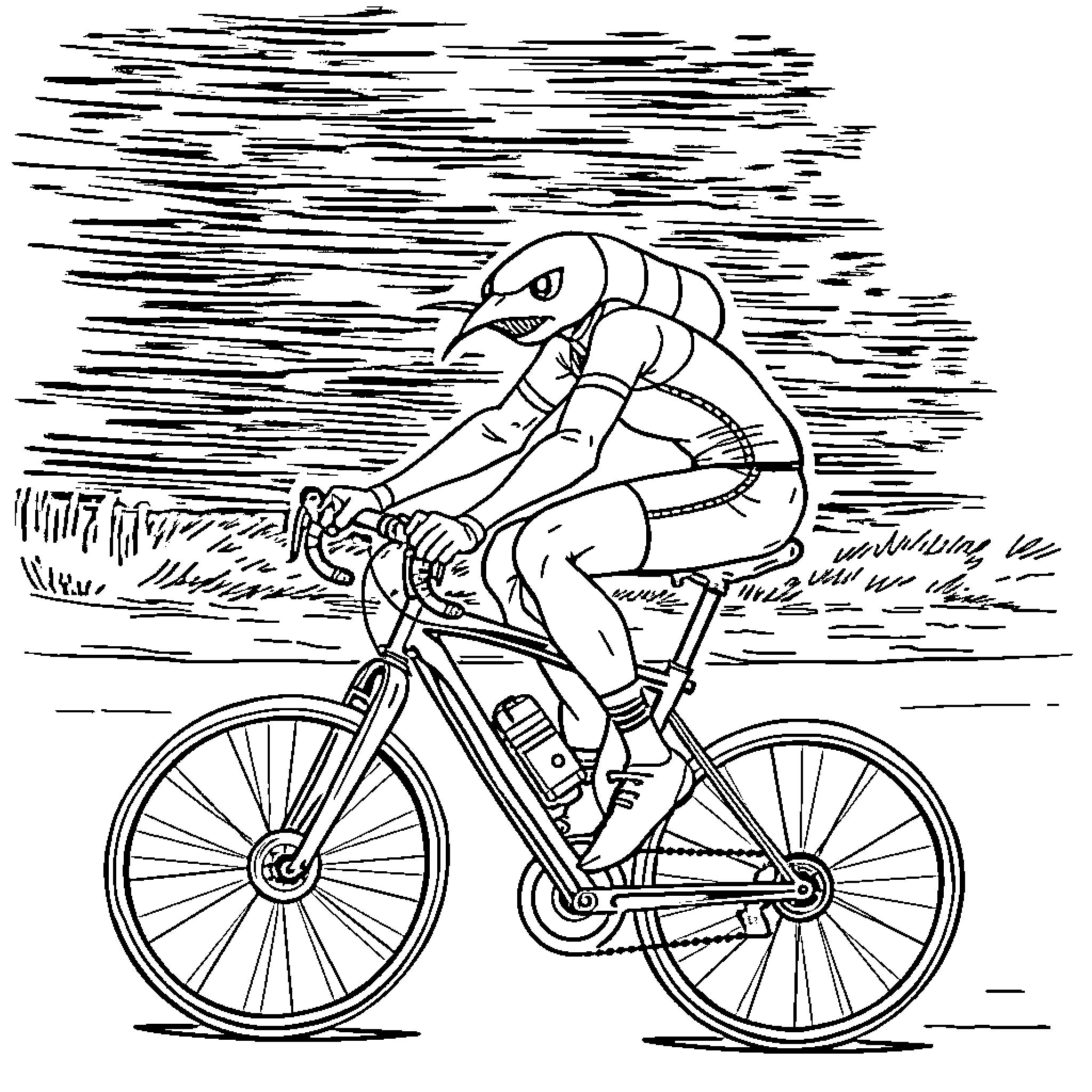 Man Riding Bicycle on Windy Road Coloring Page (free black-and-white line drawing printable PDF for all, from beginners to advanced learners, including children, teens, adults, and seniors)