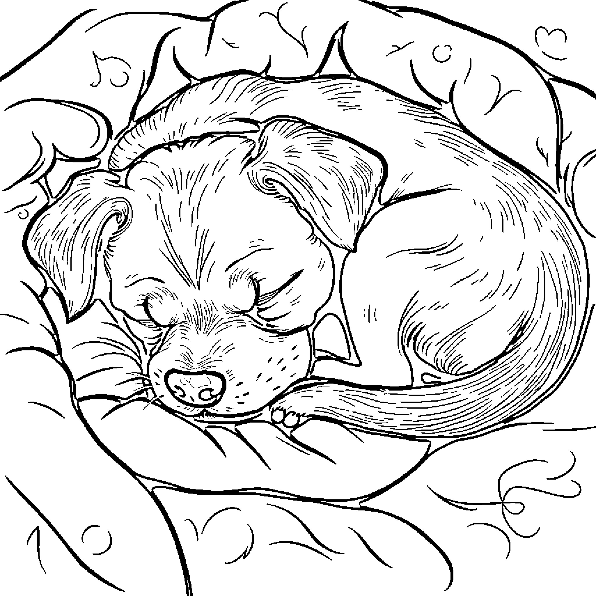 Dog sleeping peacefully in cozy nest Coloring Page (free black-and-white line drawing printable PDF for all, from beginners to advanced learners, including children, teens, adults, and seniors)