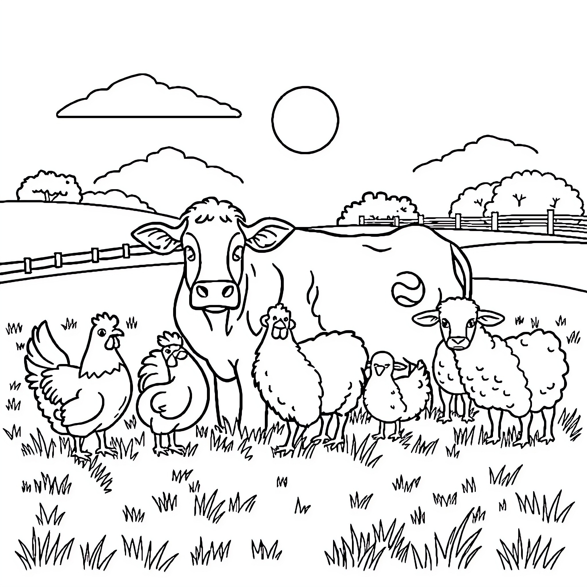 Farm Animals Grazing Peacefully in a Pastoral Landscape Coloring Page (free black-and-white line drawing printable PDF for all, from beginners to advanced learners, including children, teens, adults, and seniors)