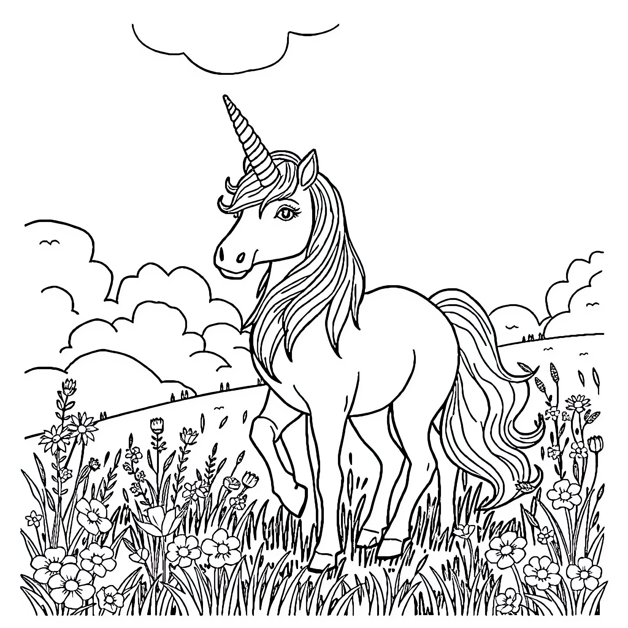 Unicorn standing in a magical meadow Coloring Page (free black-and-white line drawing printable PDF for all, from beginners to advanced learners, including children, teens, adults, and seniors)