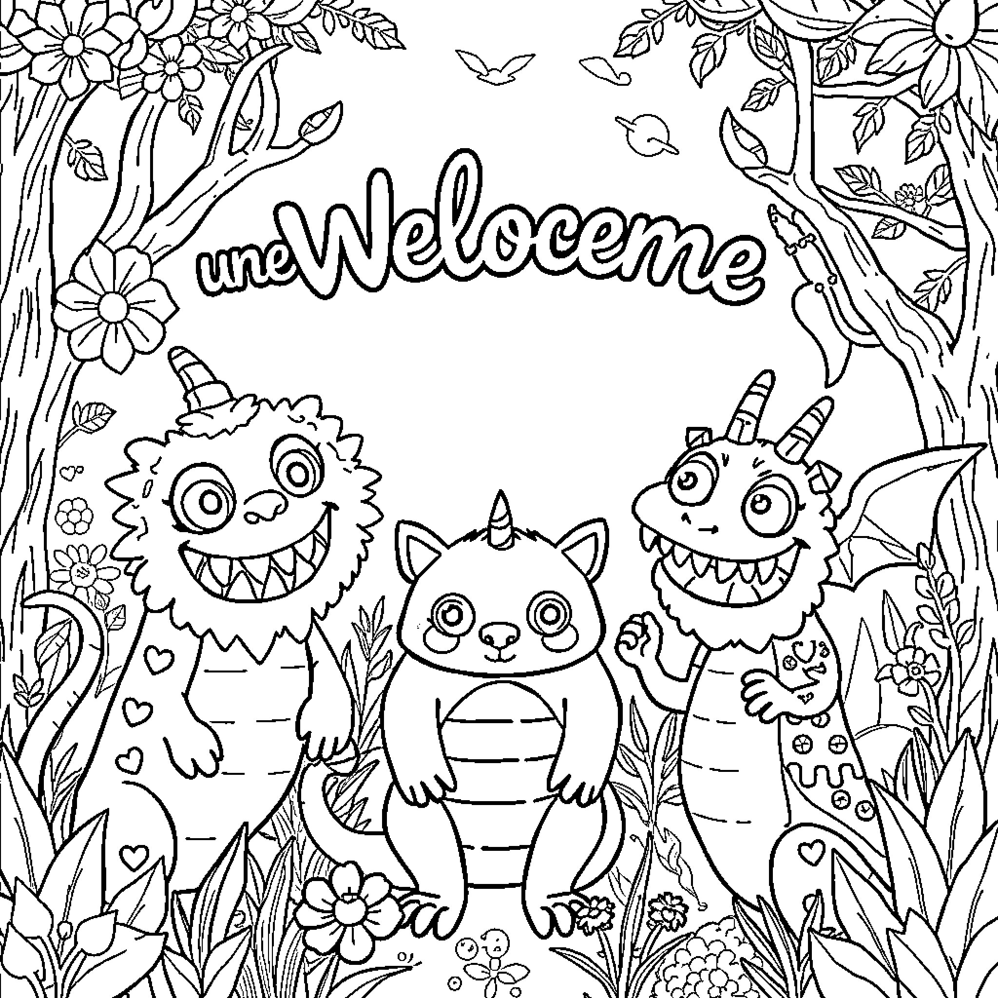 Monster welcoming new friends in garden Coloring Page (free black-and-white line drawing printable PDF for all, from beginners to advanced learners, including children, teens, adults, and seniors)