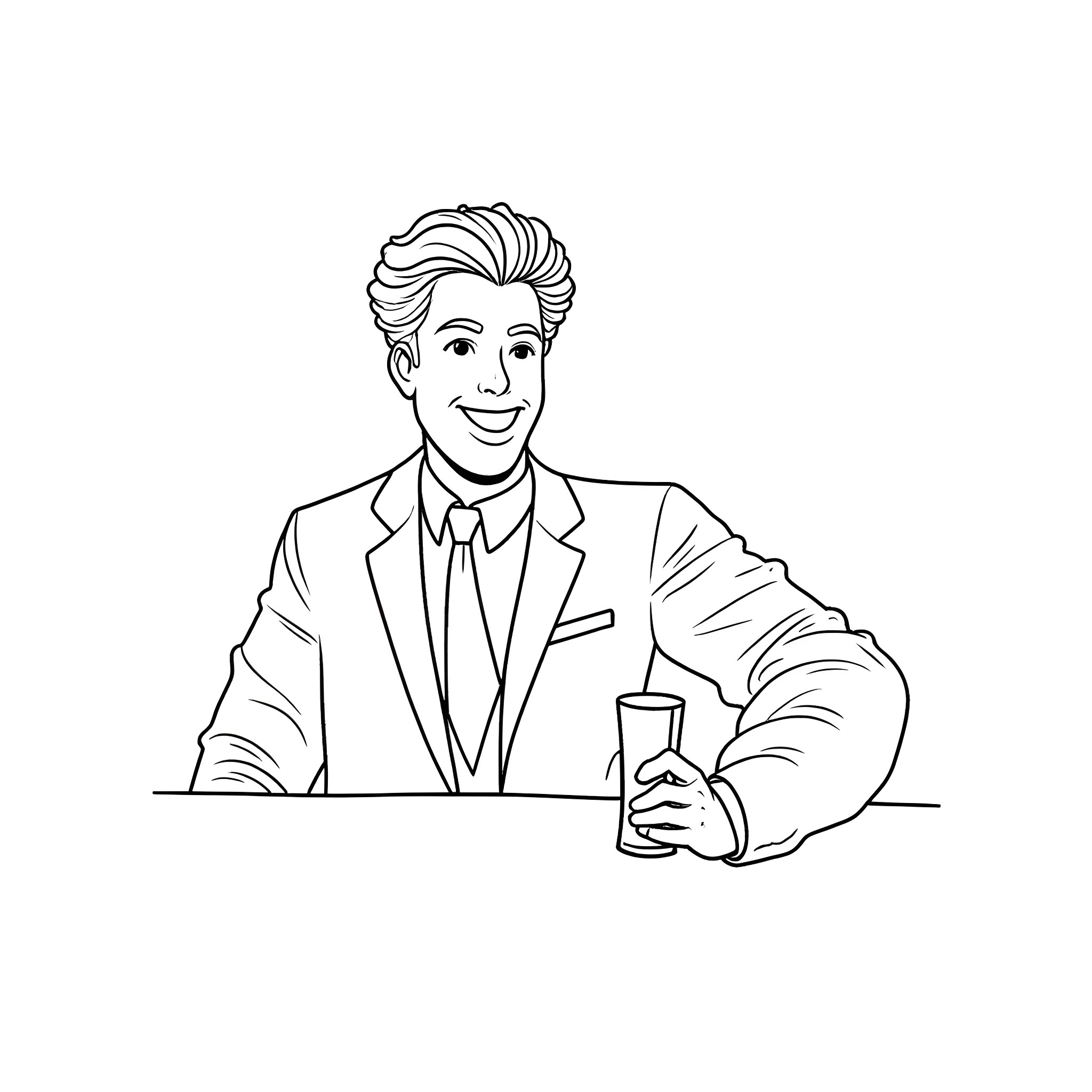 Barney Stinson enjoying a beverage in a suit Coloring Page (free black-and-white line drawing printable PDF for all, from beginners to advanced learners, including children, teens, adults, and seniors)