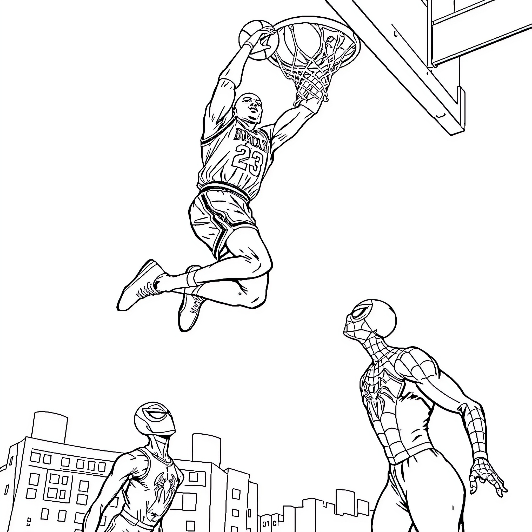 Michael Jordan slam dunking on the basketball court Coloring Page (free black-and-white line drawing printable PDF for all, from beginners to advanced learners, including children, teens, adults, and seniors)