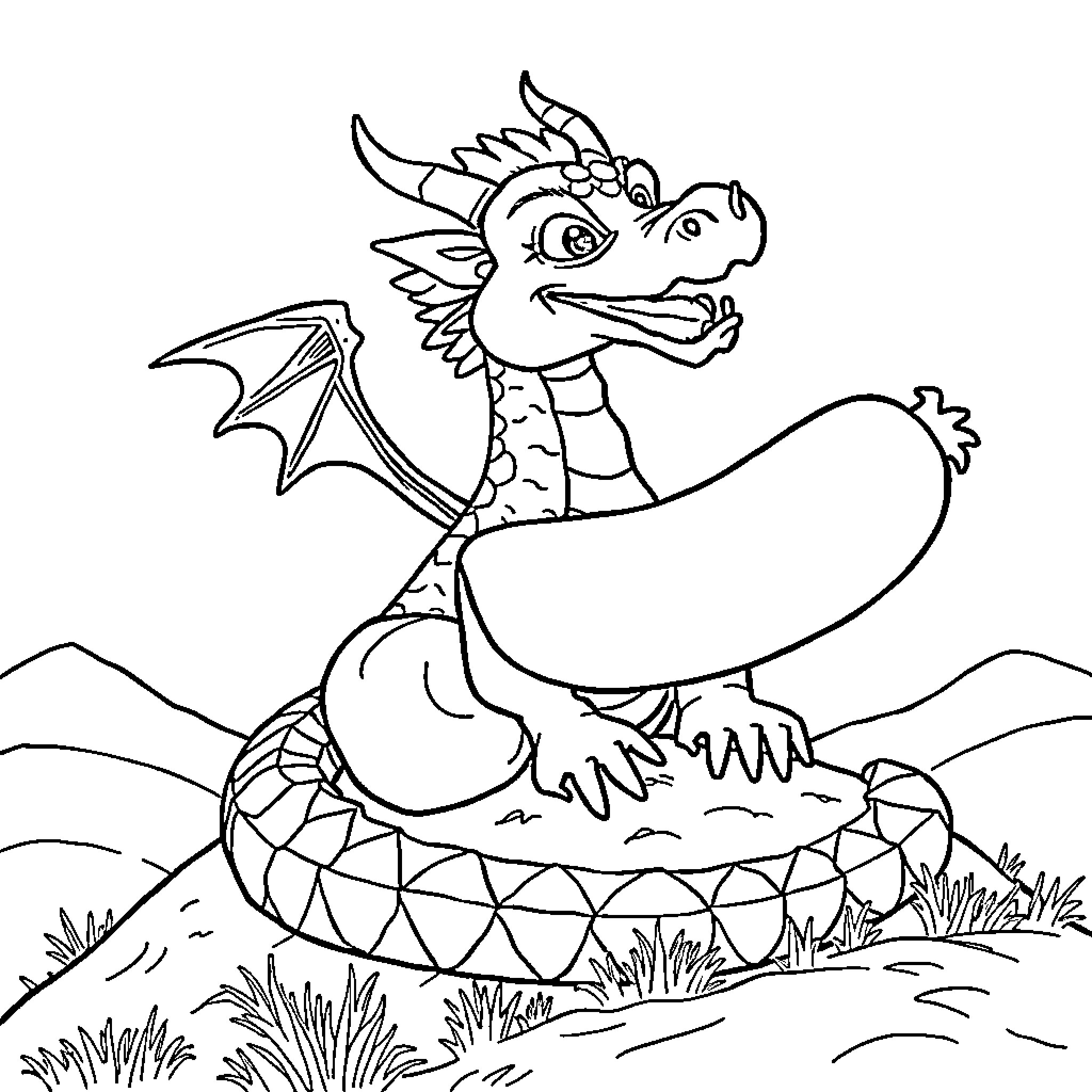 Dragon enjoying a relaxing day in the meadow Coloring Page (free black-and-white line drawing printable PDF for all, from beginners to advanced learners, including children, teens, adults, and seniors)