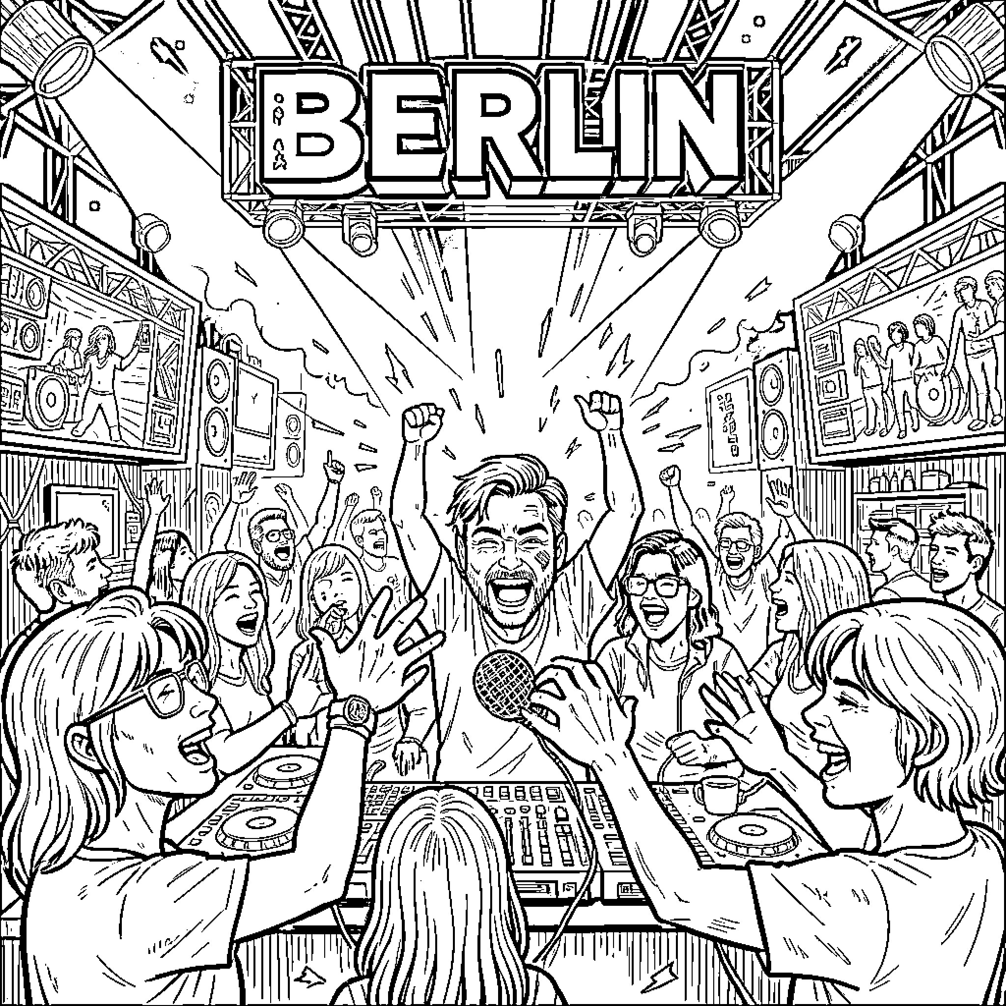 Berlin - Energetic crowd celebrating at a music event Coloring Page (free black-and-white line drawing printable PDF for all, from beginners to advanced learners, including children, teens, adults, and seniors)