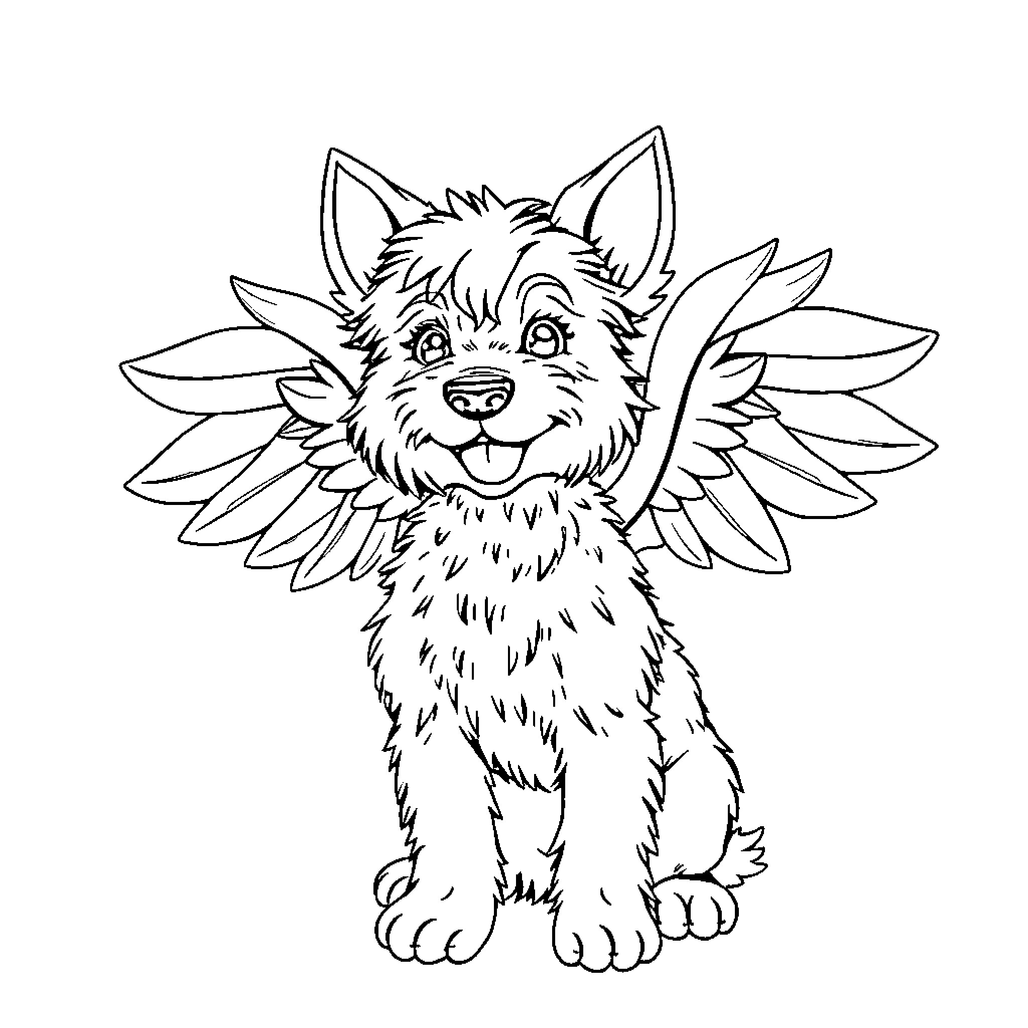 Angel Wolf with Majestic Wings Coloring Page (free black-and-white line drawing printable PDF for all, from beginners to advanced learners, including children, teens, adults, and seniors)