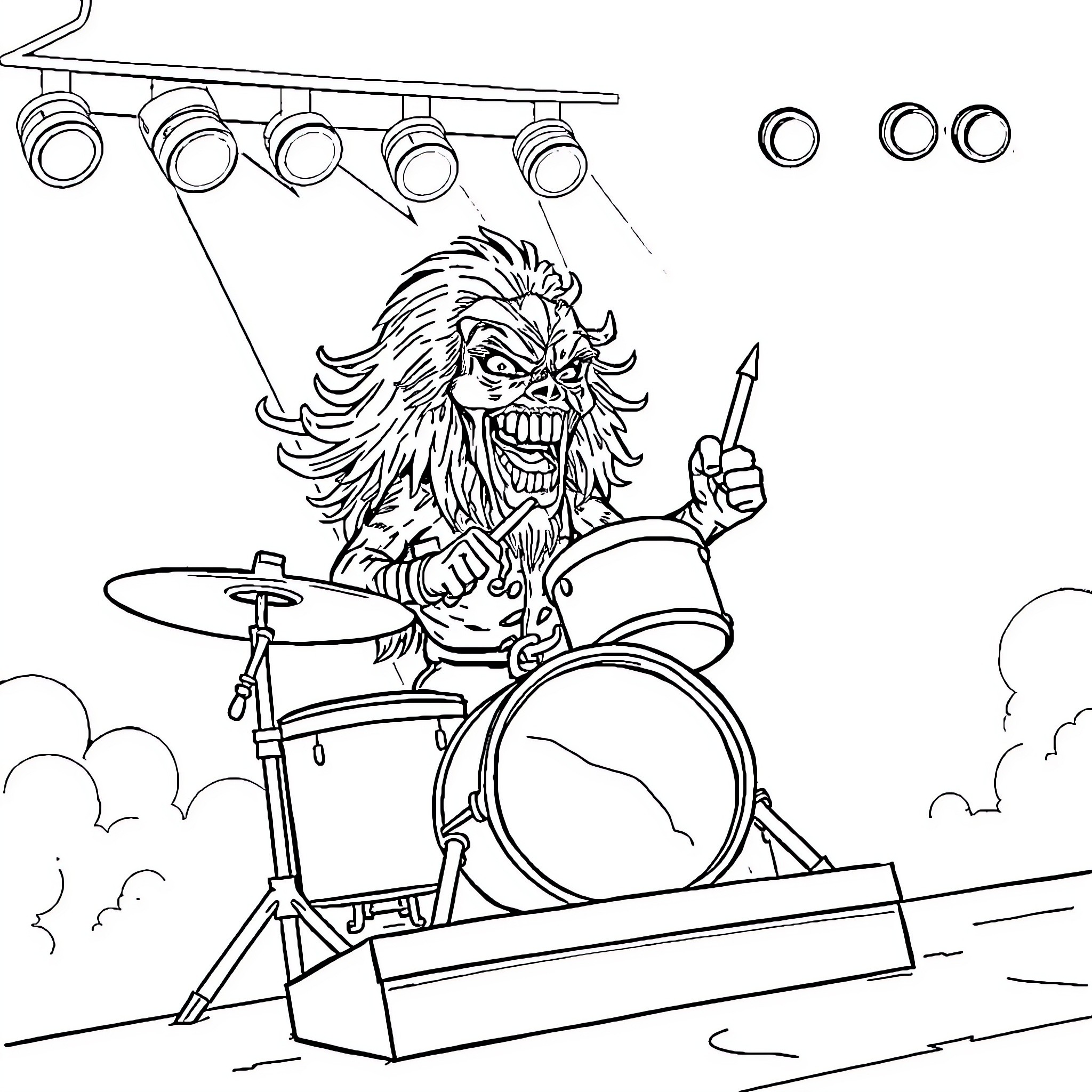 Eddie rocking out on the drums in the spotlight Coloring Page (free black-and-white line drawing printable PDF for all, from beginners to advanced learners, including children, teens, adults, and seniors)