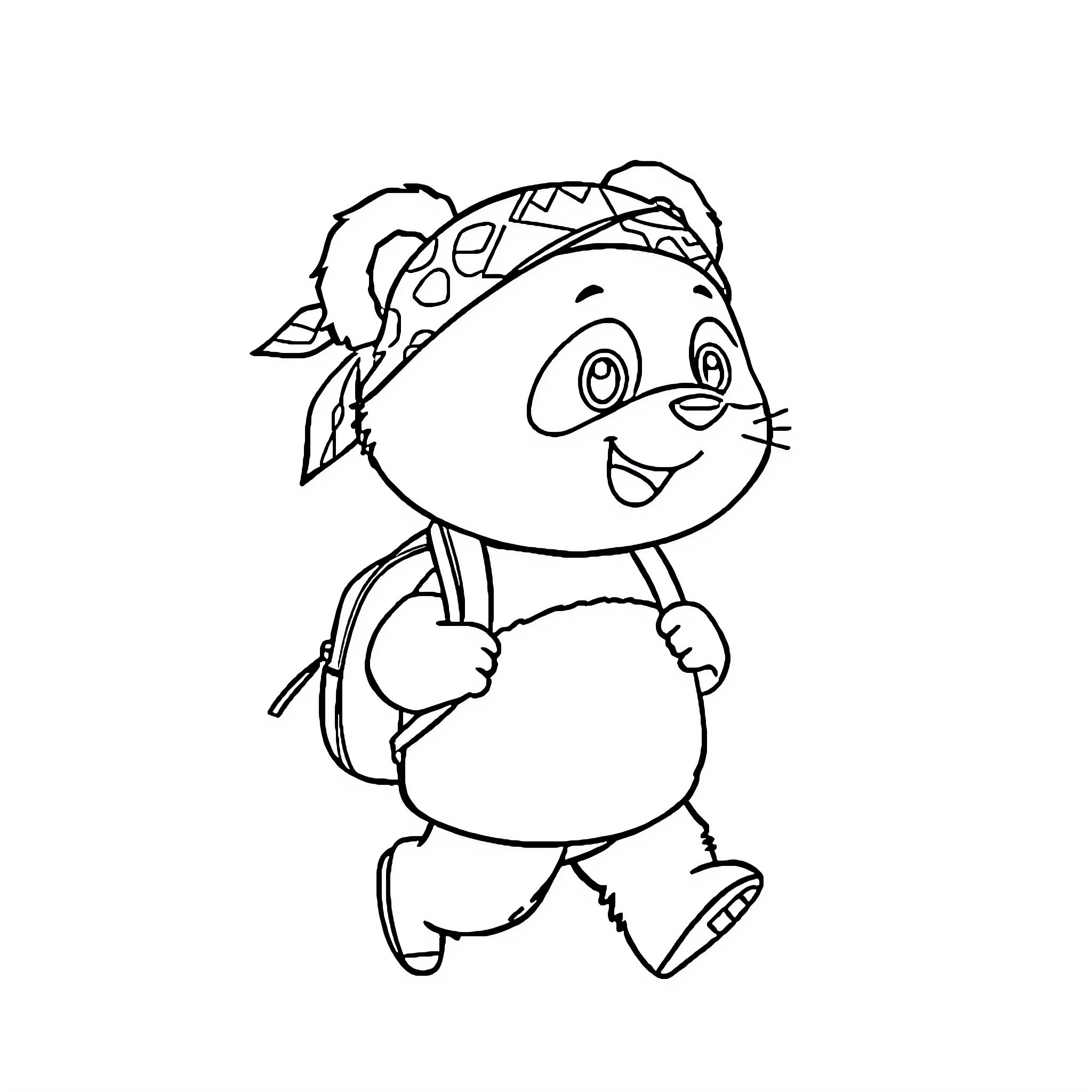 Panda wearing backpack and exploring the outdoors Coloring Page (free black-and-white line drawing printable PDF for all, from beginners to advanced learners, including children, teens, adults, and seniors)