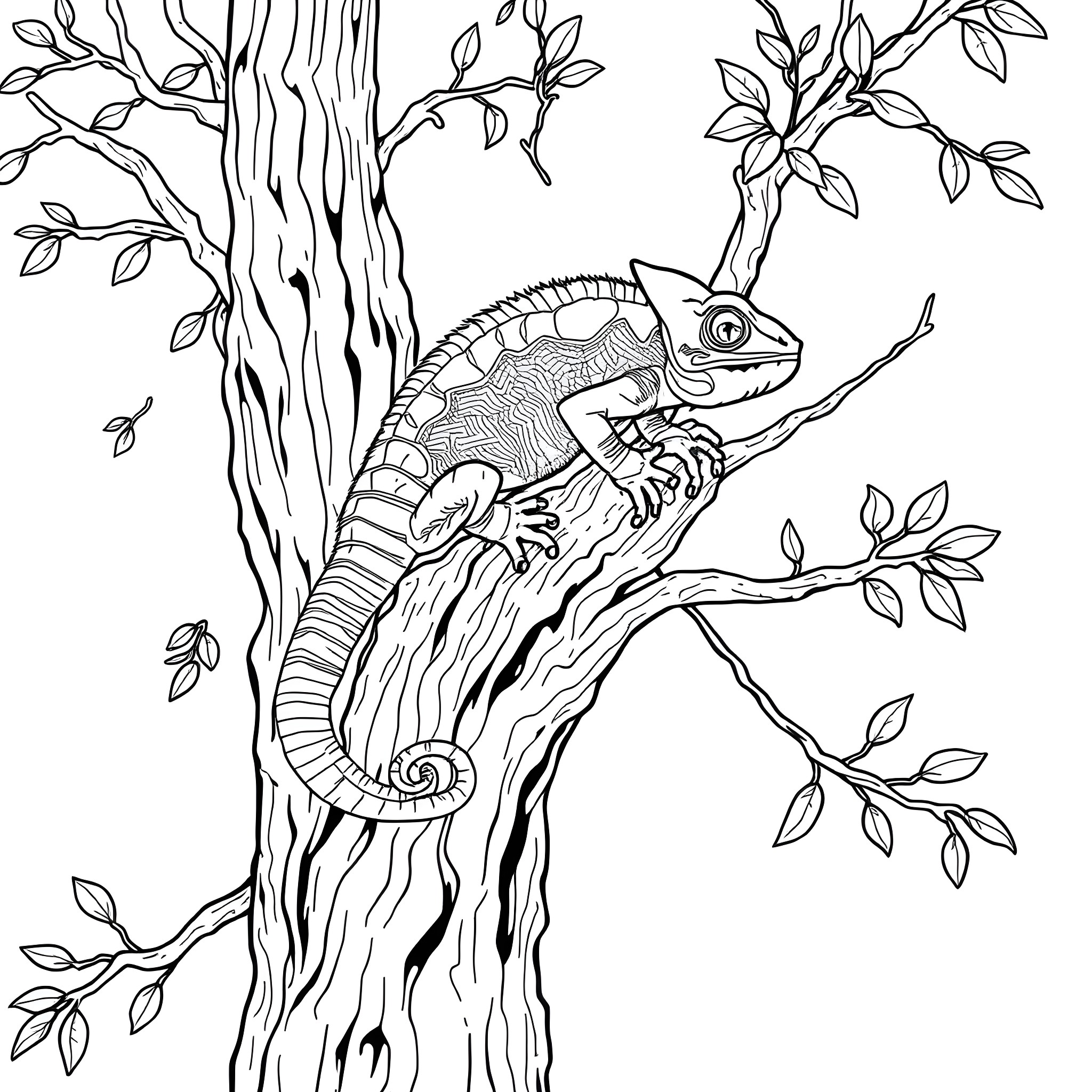 Chameleon exploring the tree branches Coloring Page (free black-and-white line drawing printable PDF for all, from beginners to advanced learners, including children, teens, adults, and seniors)