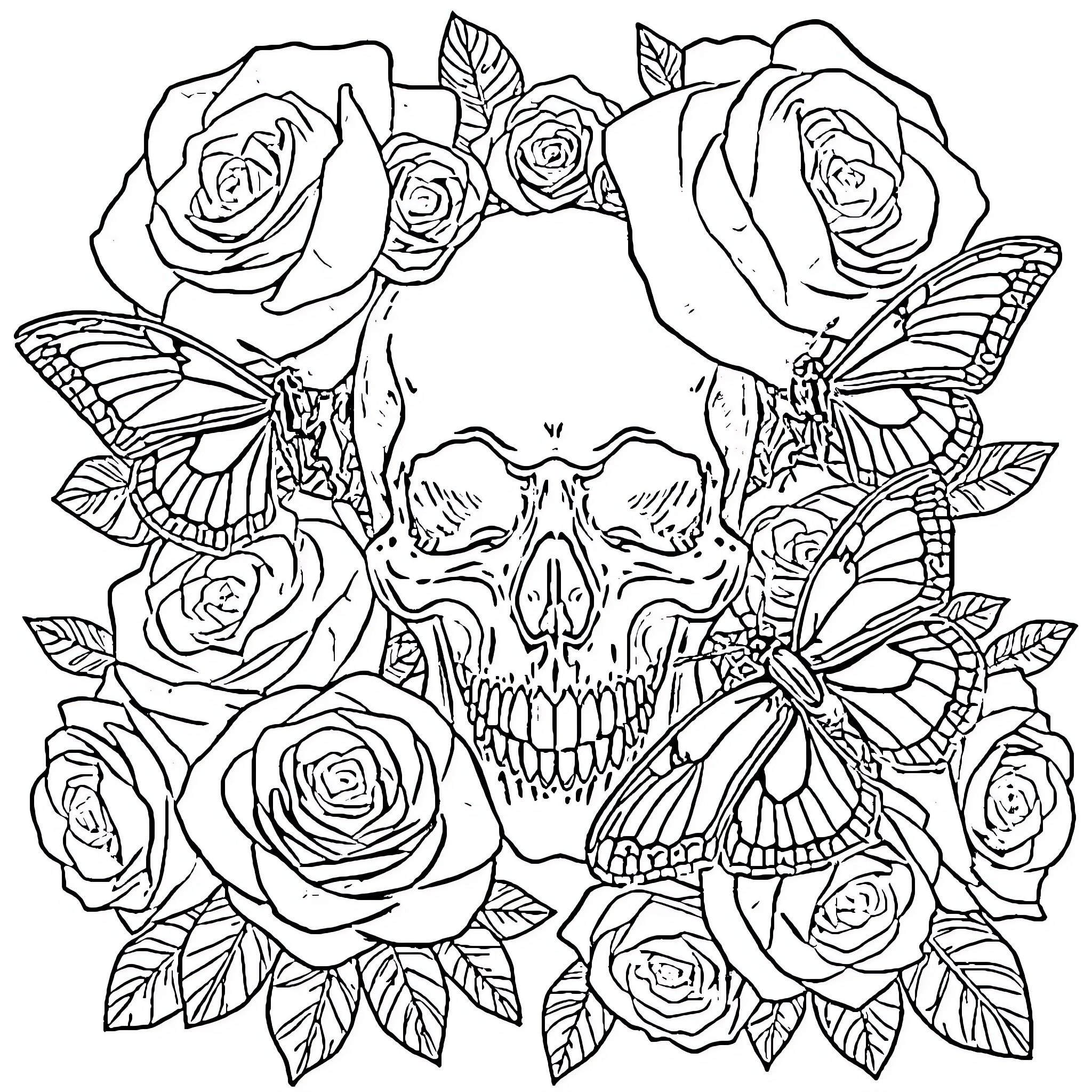 Skull surrounded by roses and butterflies Coloring Page (free black-and-white line drawing printable PDF for all, from beginners to advanced learners, including children, teens, adults, and seniors)