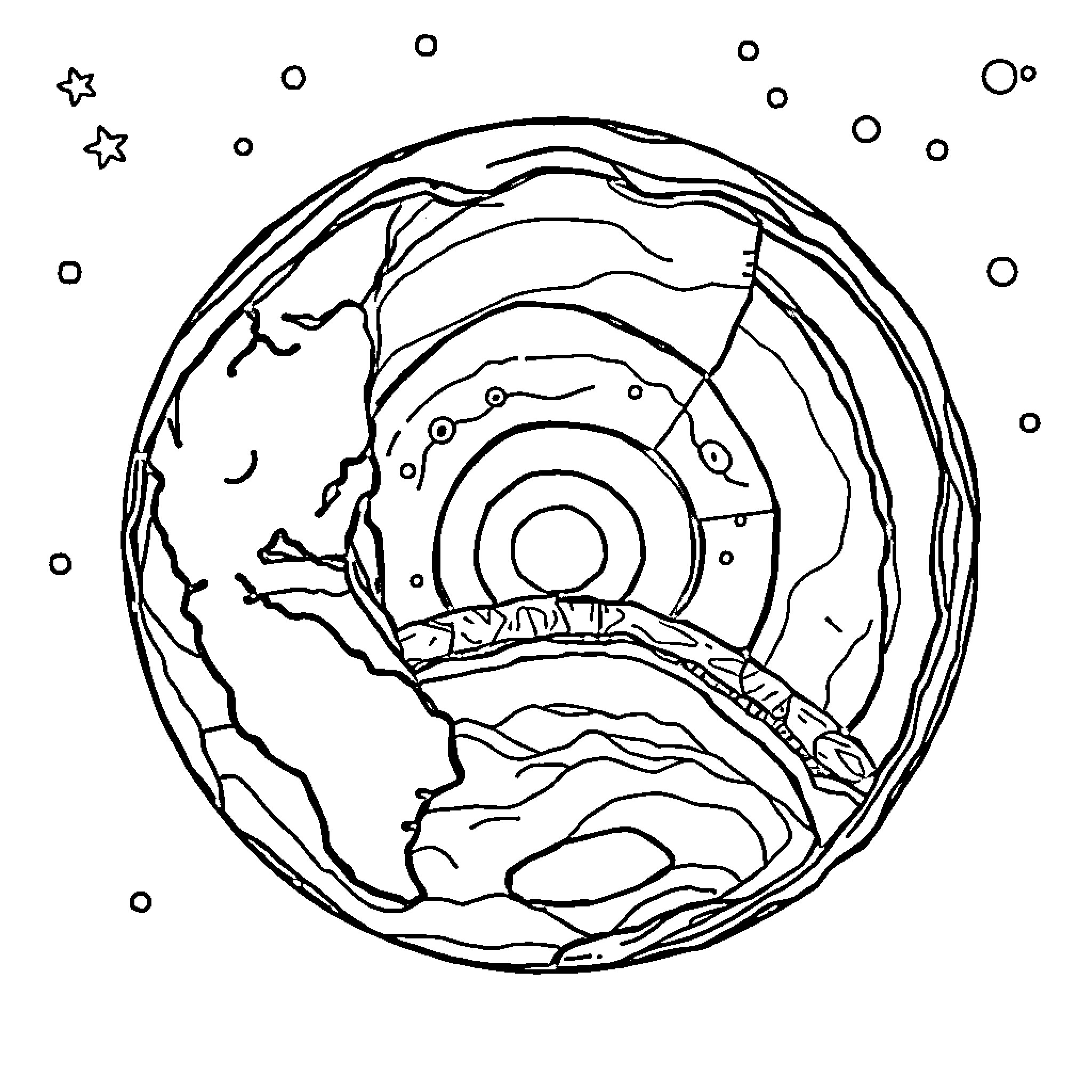 Earth surrounded by celestial objects Coloring Page (free black-and-white line drawing printable PDF for all, from beginners to advanced learners, including children, teens, adults, and seniors)
