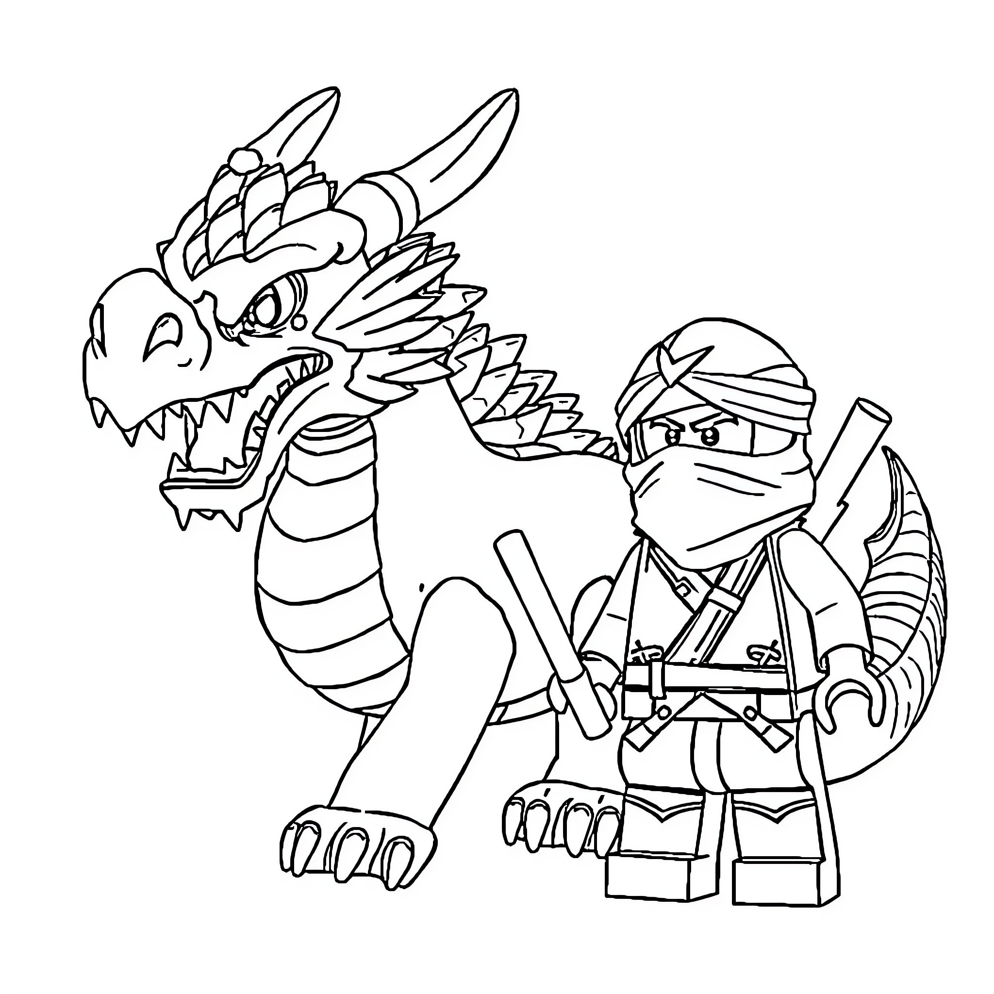 Ninjago warriors battle fierce dragon Coloring Page (free black-and-white line drawing printable PDF for all, from beginners to advanced learners, including children, teens, adults, and seniors)