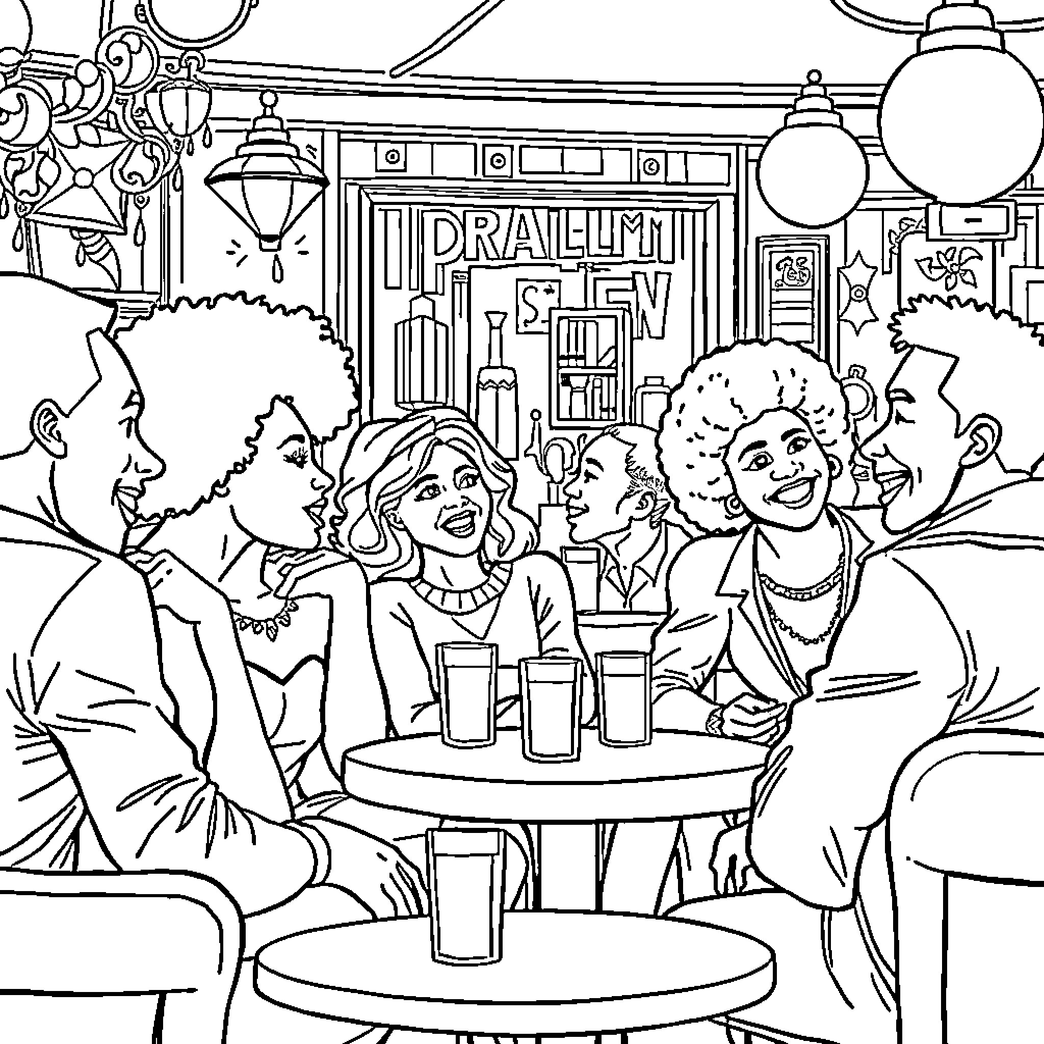 Students enjoying a lively gathering in a cafe Coloring Page (free black-and-white line drawing printable PDF for all, from beginners to advanced learners, including children, teens, adults, and seniors)