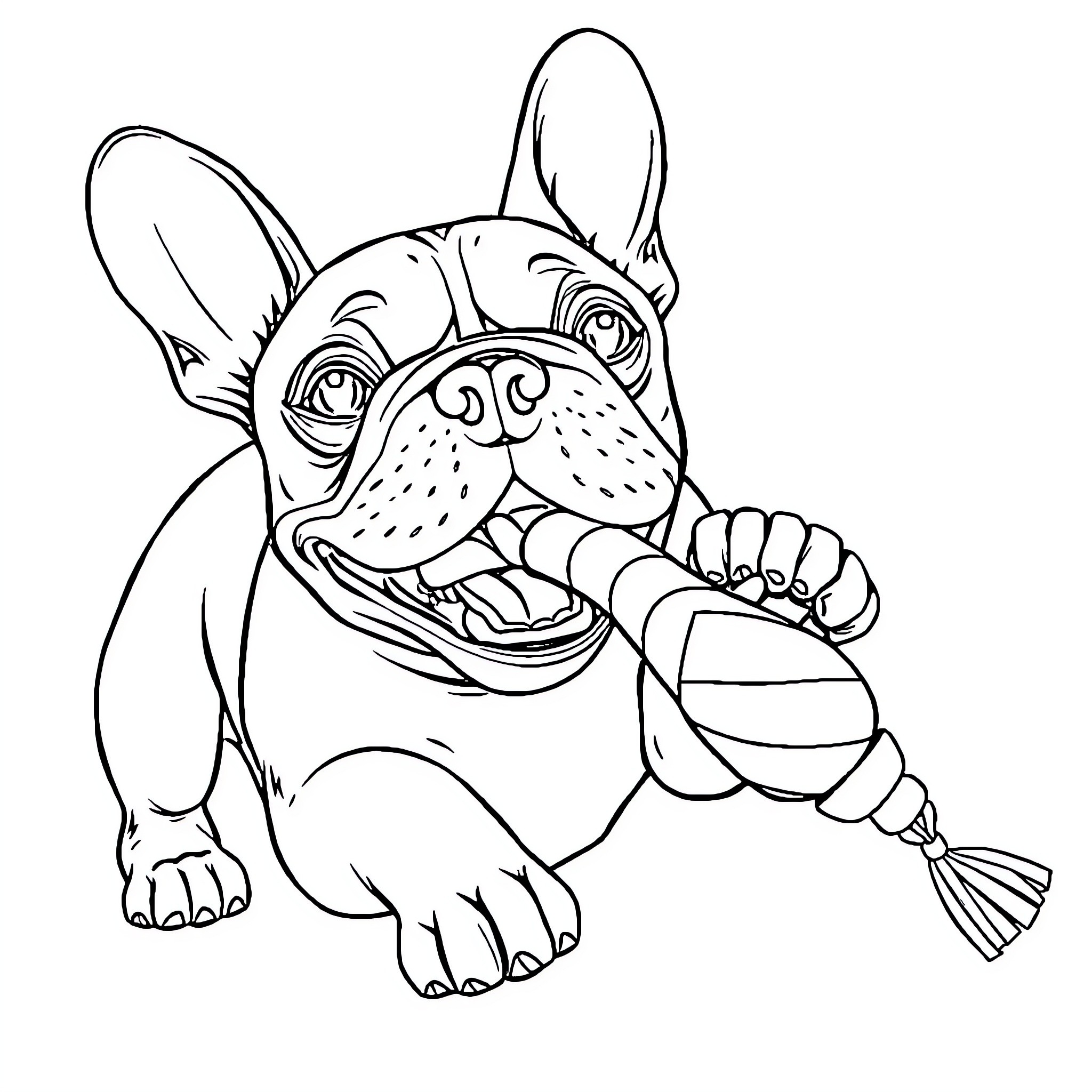French Bulldog playfully chewing on toy Coloring Page (free black-and-white line drawing printable PDF for all, from beginners to advanced learners, including children, teens, adults, and seniors)