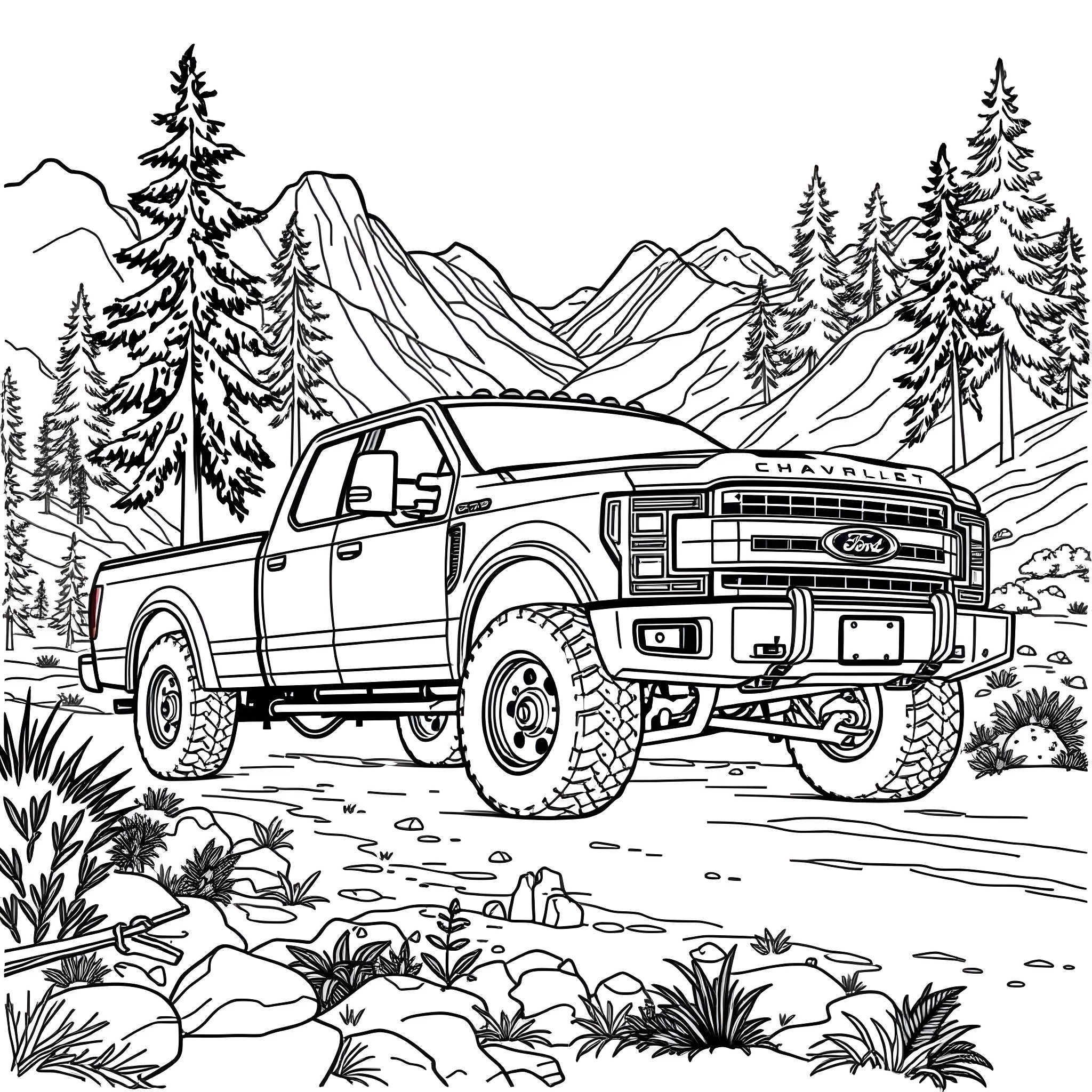 Ford pickup truck exploring rugged mountain terrain Coloring Page (free black-and-white line drawing printable PDF for all, from beginners to advanced learners, including children, teens, adults, and seniors)