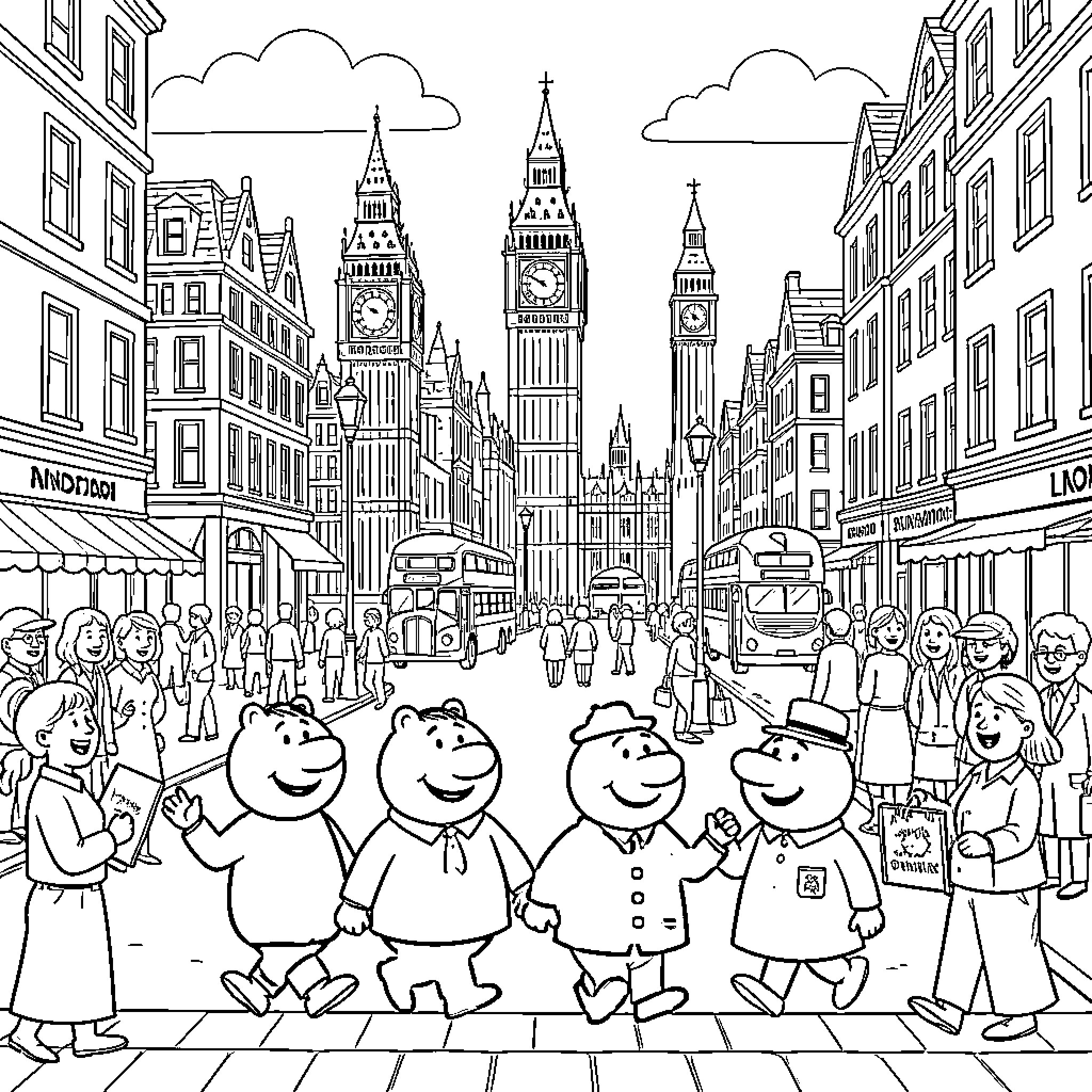 Mr. Men characters walking happily through a city street Coloring Page (free black-and-white line drawing printable PDF for all, from beginners to advanced learners, including children, teens, adults, and seniors)
