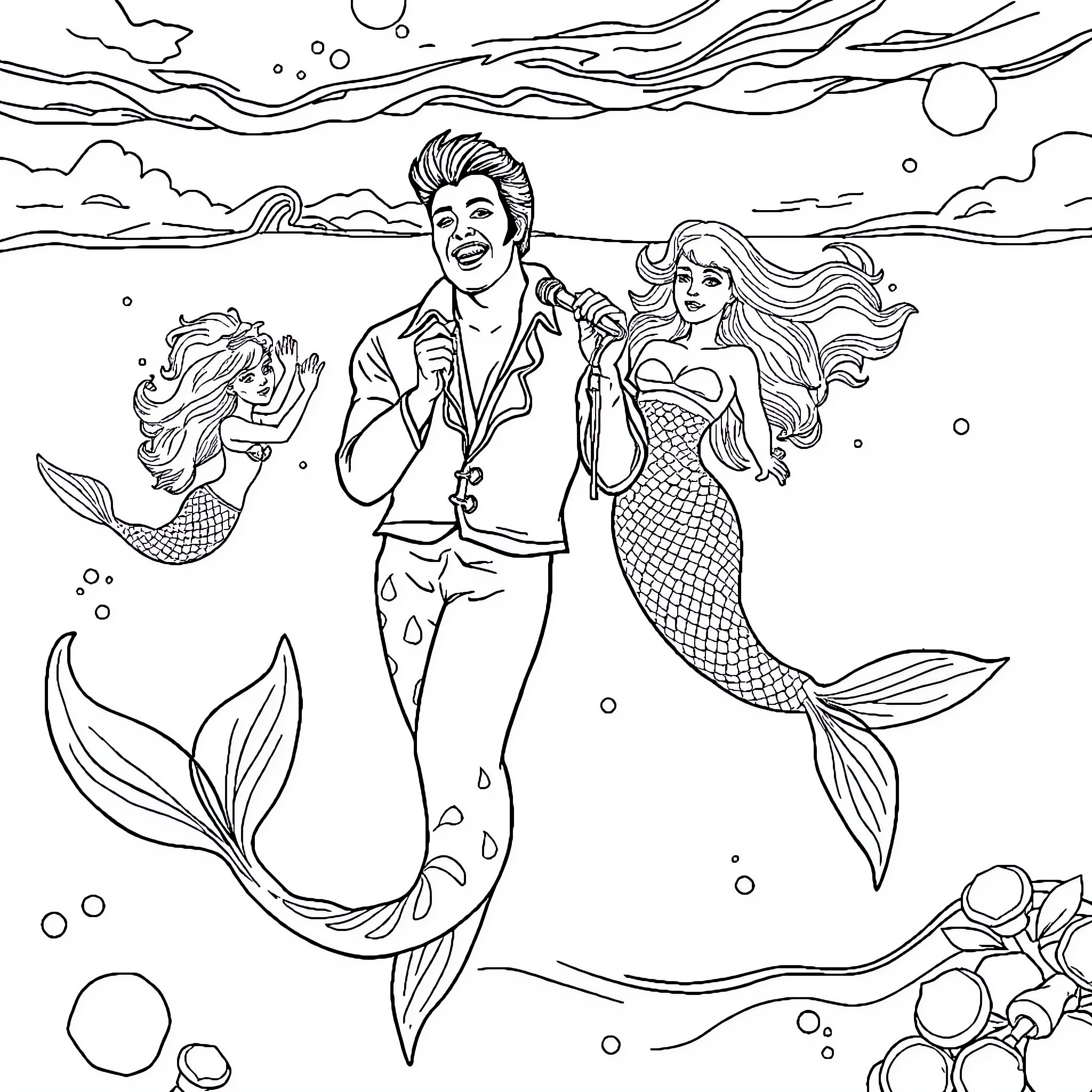 Mermaid couple enjoying a romantic underwater adventure Coloring Page (free black-and-white line drawing printable PDF for all, from beginners to advanced learners, including children, teens, adults, and seniors)