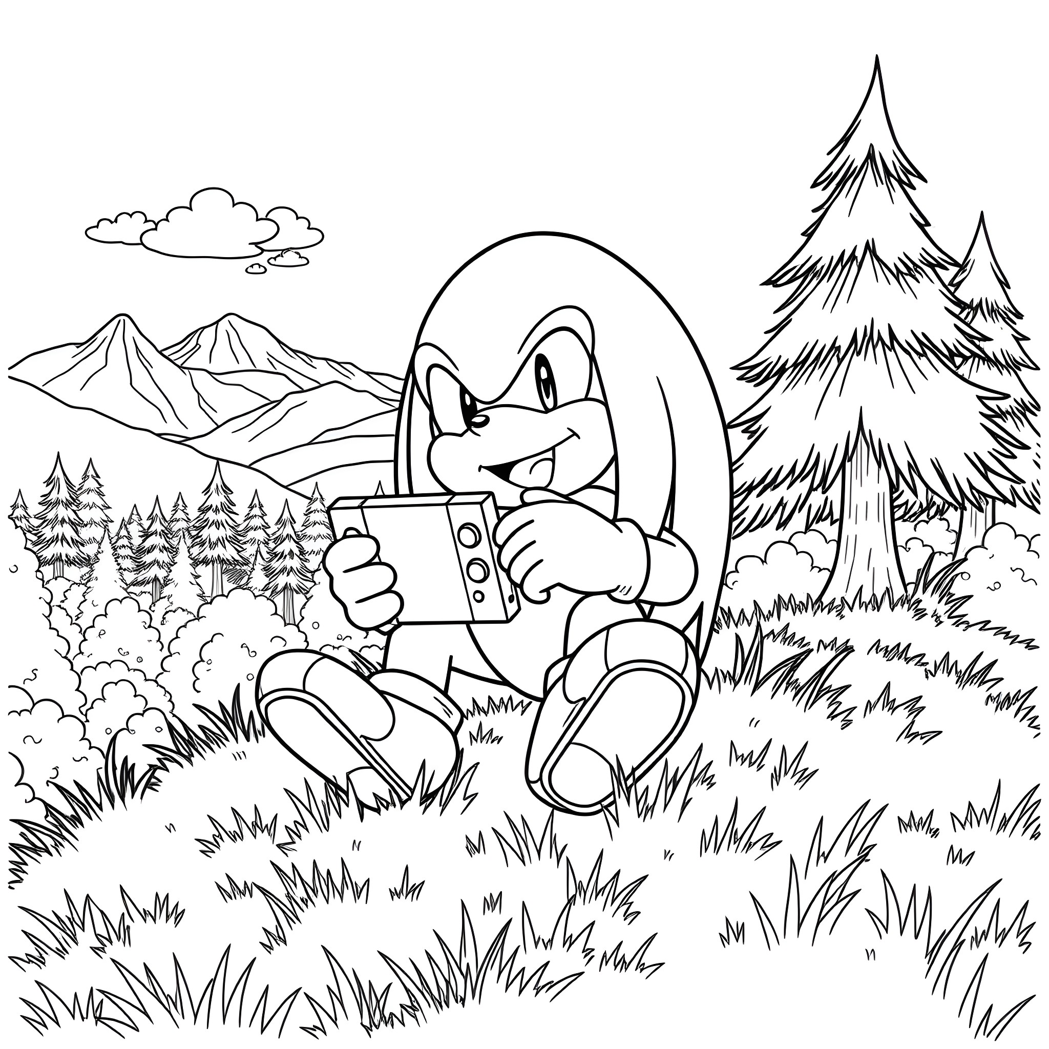 Knuckles relaxing in nature with electronic device Coloring Page (free black-and-white line drawing printable PDF for all, from beginners to advanced learners, including children, teens, adults, and seniors)