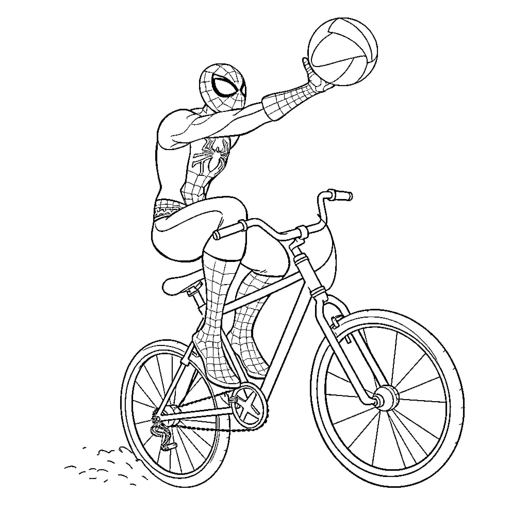 Spiderman riding bicycle and holding basketball Coloring Page (free black-and-white line drawing printable PDF for all, from beginners to advanced learners, including children, teens, adults, and seniors)