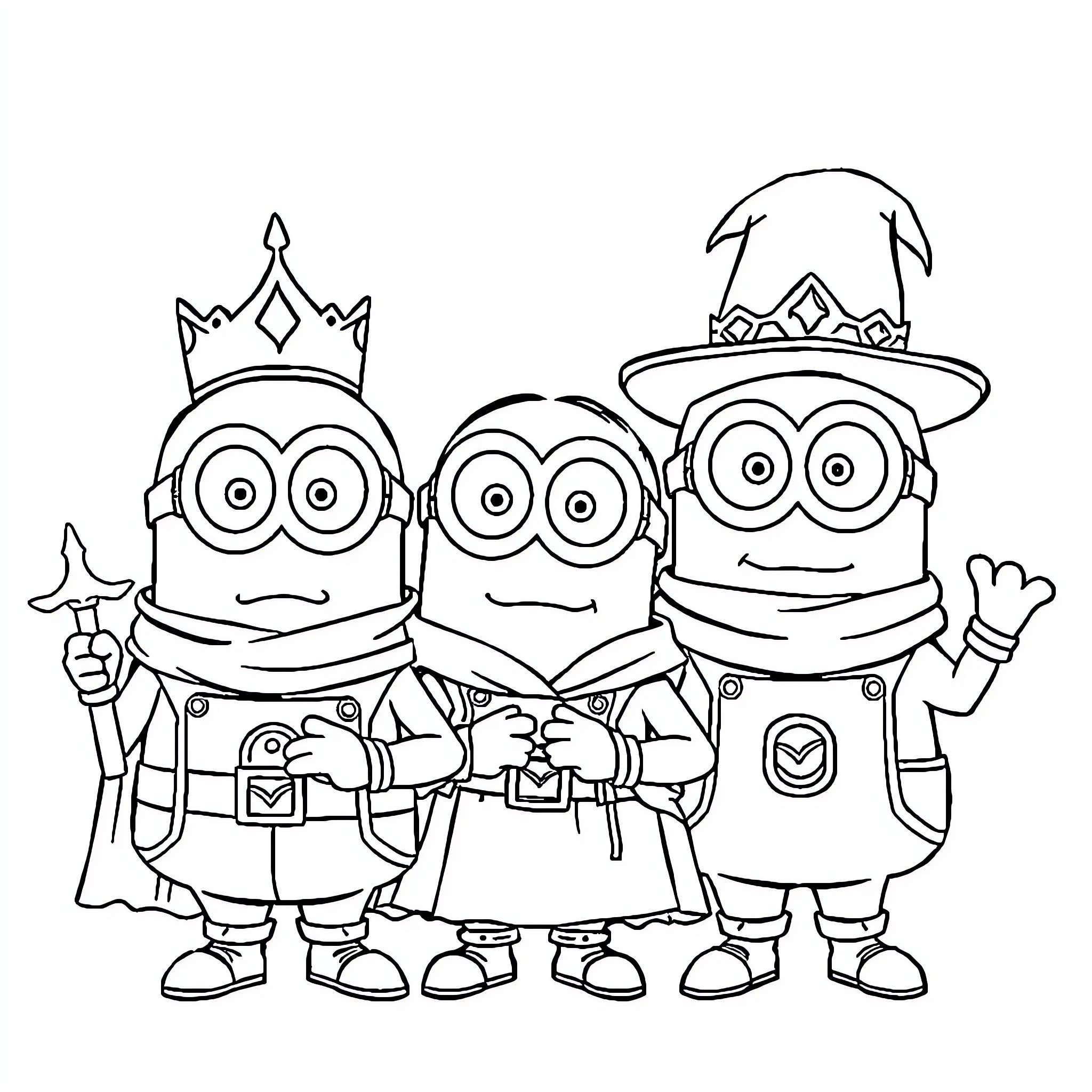 Minions dressed as royal guards in a parade Coloring Page (free black-and-white line drawing printable PDF for all, from beginners to advanced learners, including children, teens, adults, and seniors)