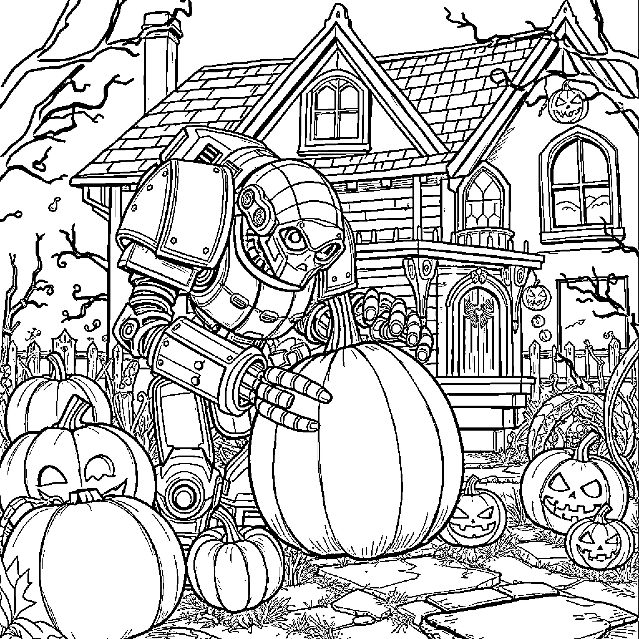 Robot exploring a haunted house on Halloween Coloring Page (free black-and-white line drawing printable PDF for all, from beginners to advanced learners, including children, teens, adults, and seniors)