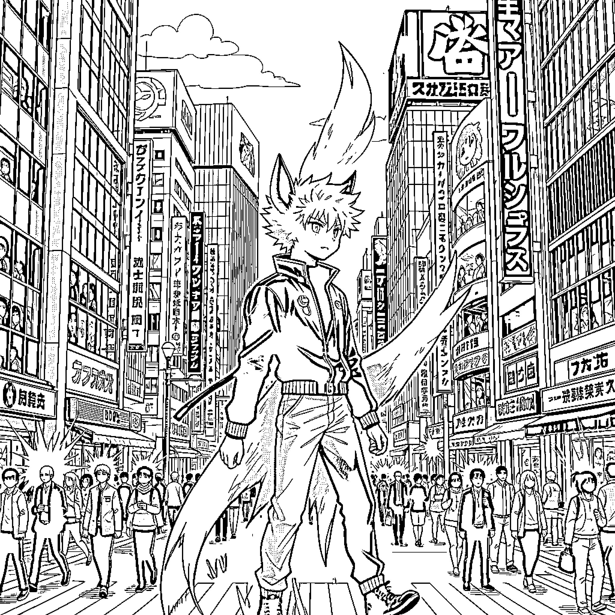 Mahoraga standing calmly amidst a busy city street Coloring Page (free black-and-white line drawing printable PDF for all, from beginners to advanced learners, including children, teens, adults, and seniors)