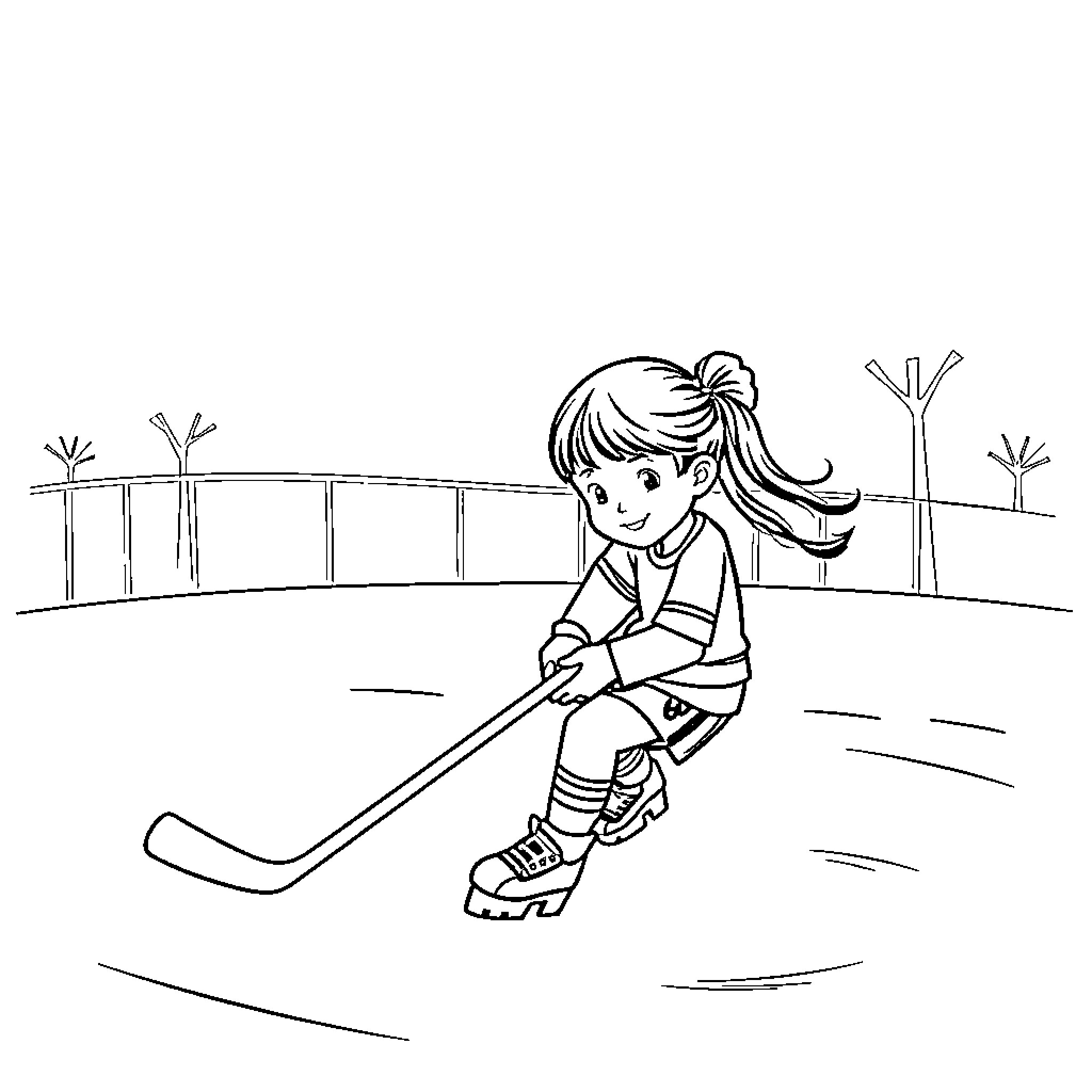 Nena enjoying outdoor ice hockey on the rink Coloring Page (free black-and-white line drawing printable PDF for all, from beginners to advanced learners, including children, teens, adults, and seniors)