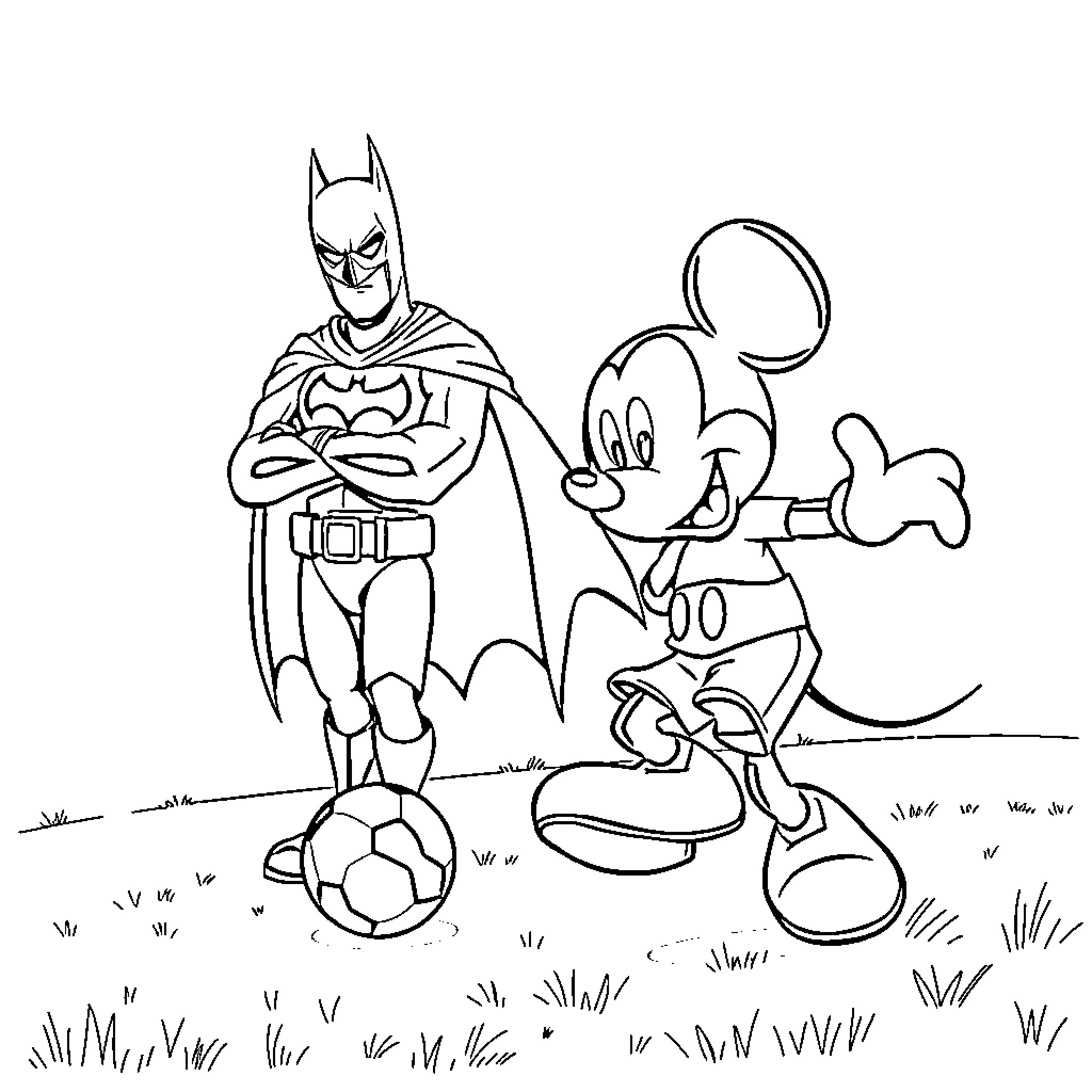 Mickey Mouse and Batman playing soccer together Coloring Page (free black-and-white line drawing printable PDF for all, from beginners to advanced learners, including children, teens, adults, and seniors)