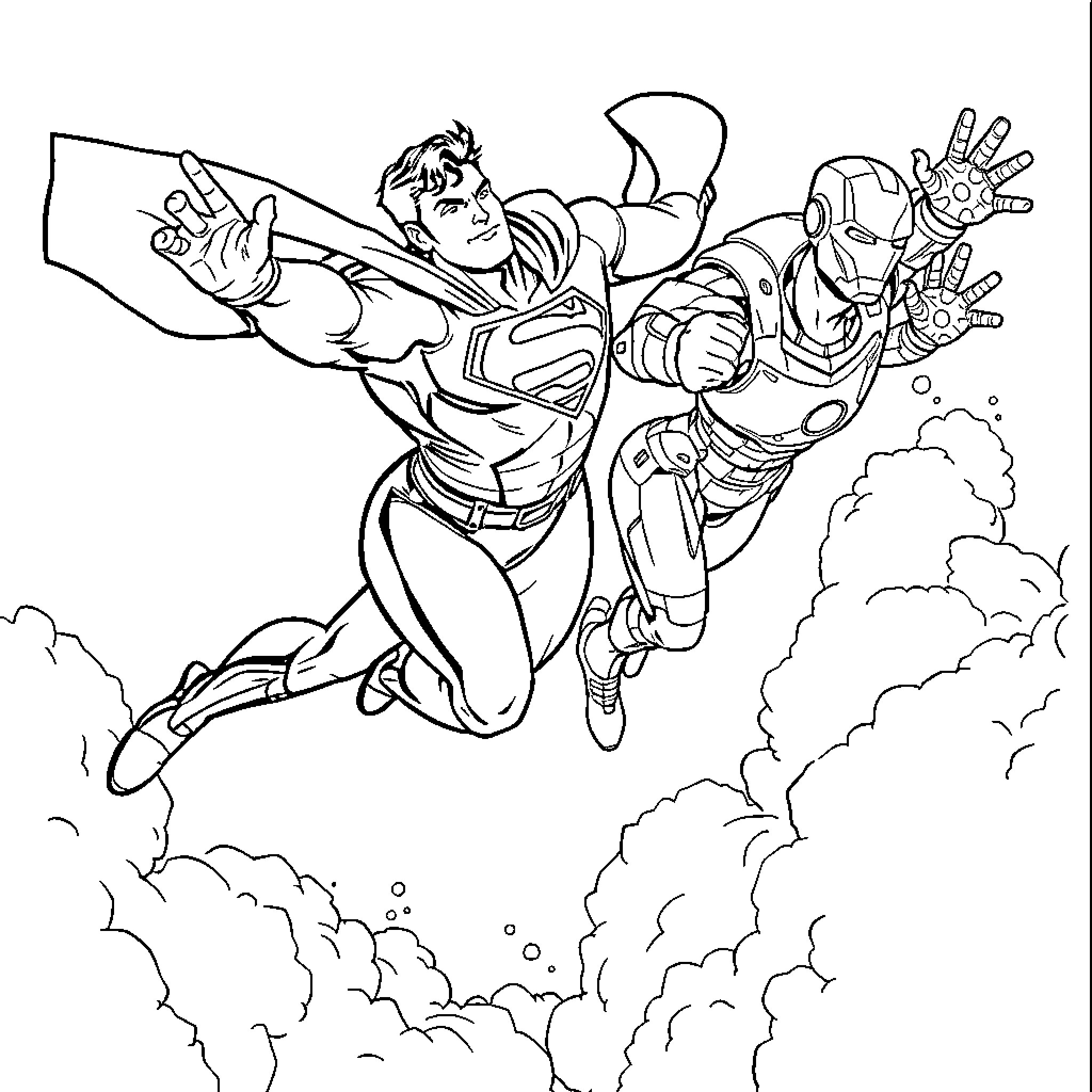 Superman and Iron Man battling in the sky Coloring Page (free black-and-white line drawing printable PDF for all, from beginners to advanced learners, including children, teens, adults, and seniors)