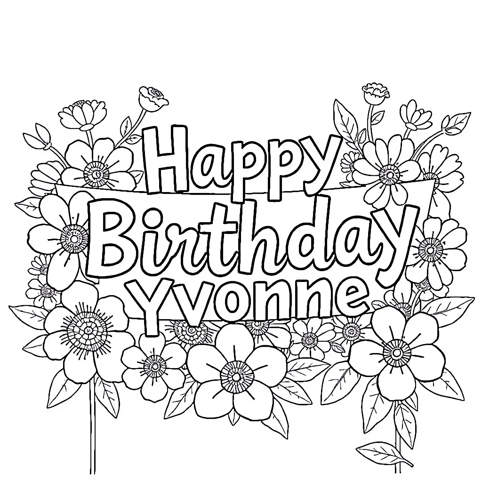 Birthday Celebration with Floral Decor Coloring Page (free black-and-white line drawing printable PDF for all, from beginners to advanced learners, including children, teens, adults, and seniors)