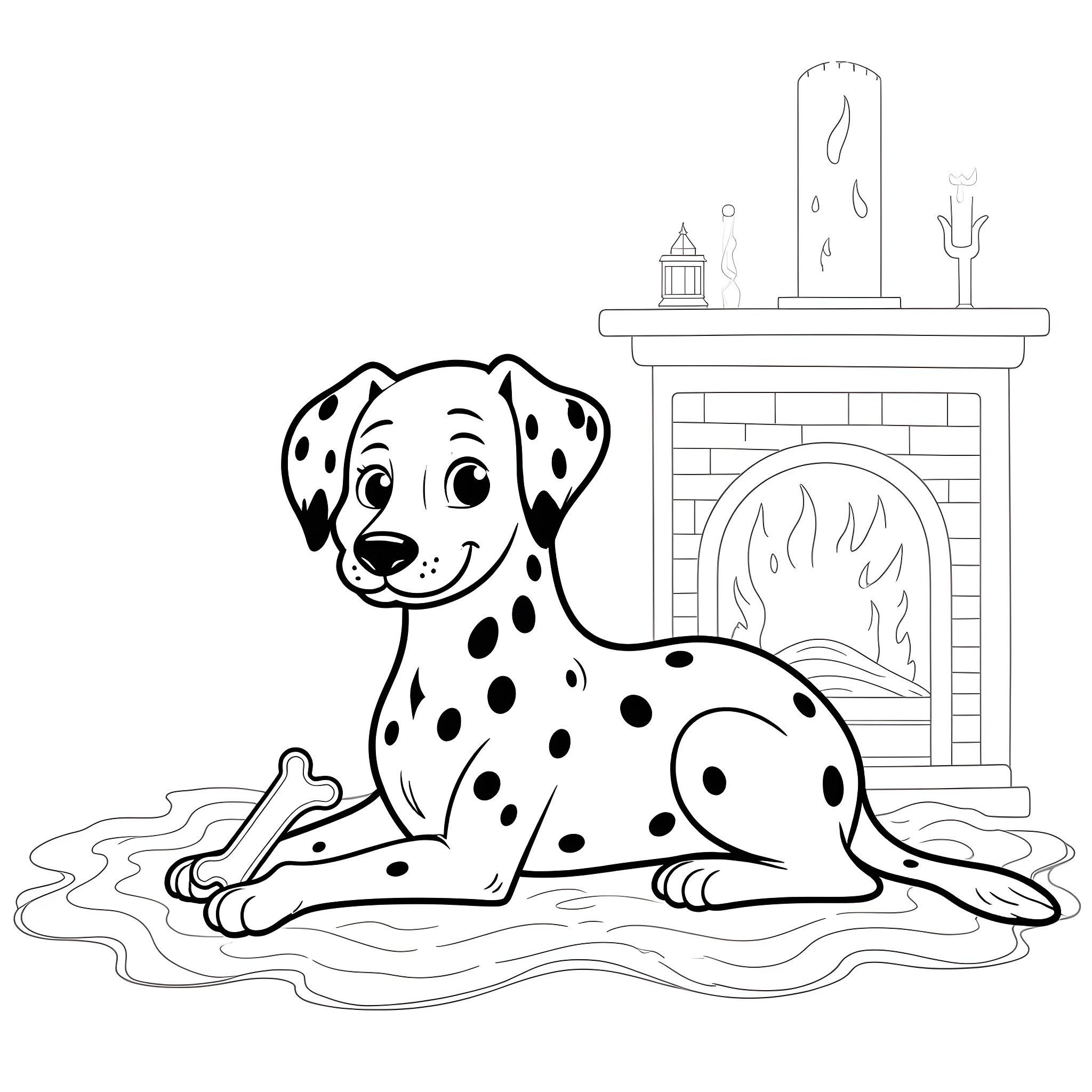 Dalmatian relaxing by the fireplace Coloring Page (free black-and-white line drawing printable PDF for all, from beginners to advanced learners, including children, teens, adults, and seniors)
