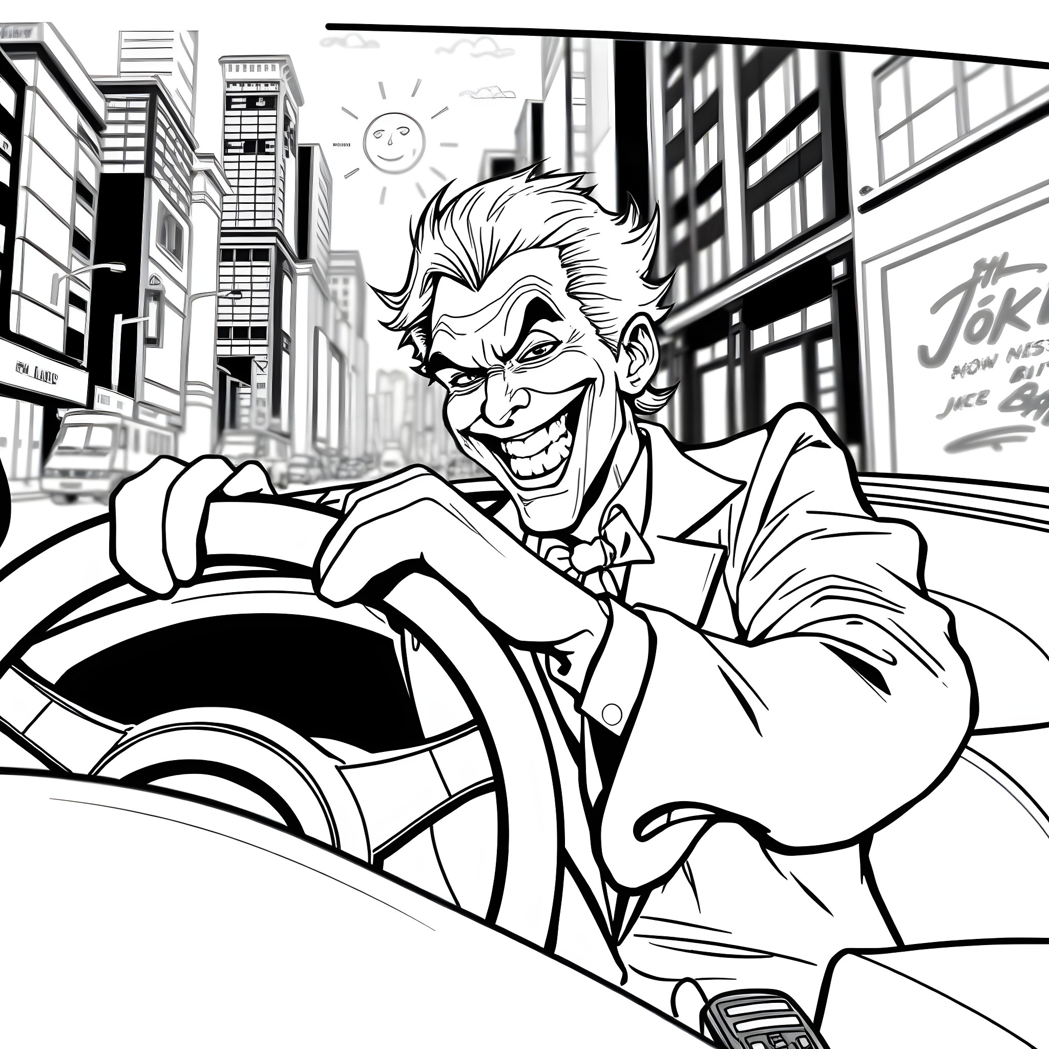 Joker Wreaking Havoc in the City Coloring Page (free black-and-white line drawing printable PDF for all, from beginners to advanced learners, including children, teens, adults, and seniors)