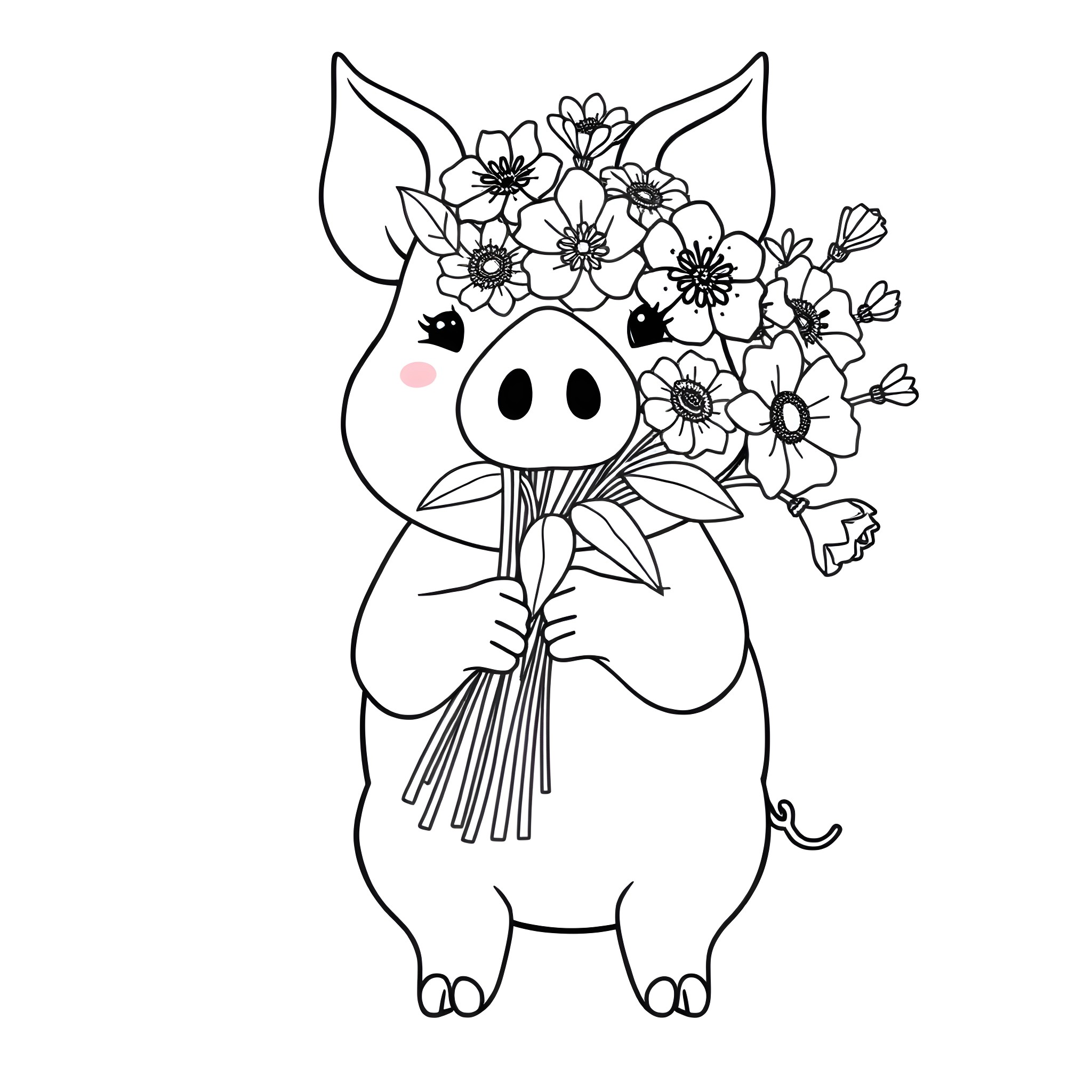 Pig holding a bouquet of flowers Coloring Page (free black-and-white line drawing printable PDF for all, from beginners to advanced learners, including children, teens, adults, and seniors)