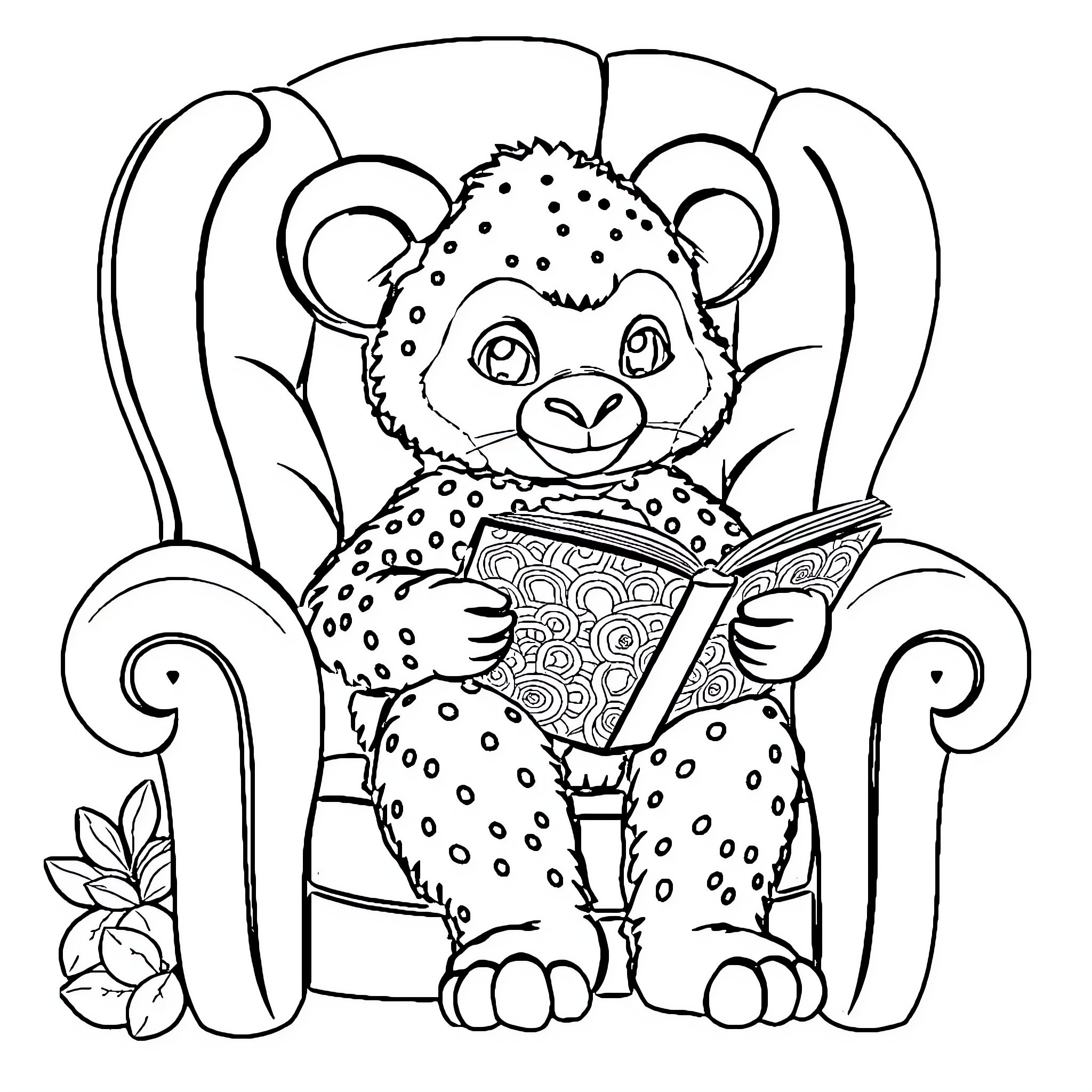 Labubu reading a book in an armchair Coloring Page (free black-and-white line drawing printable PDF for all, from beginners to advanced learners, including children, teens, adults, and seniors)