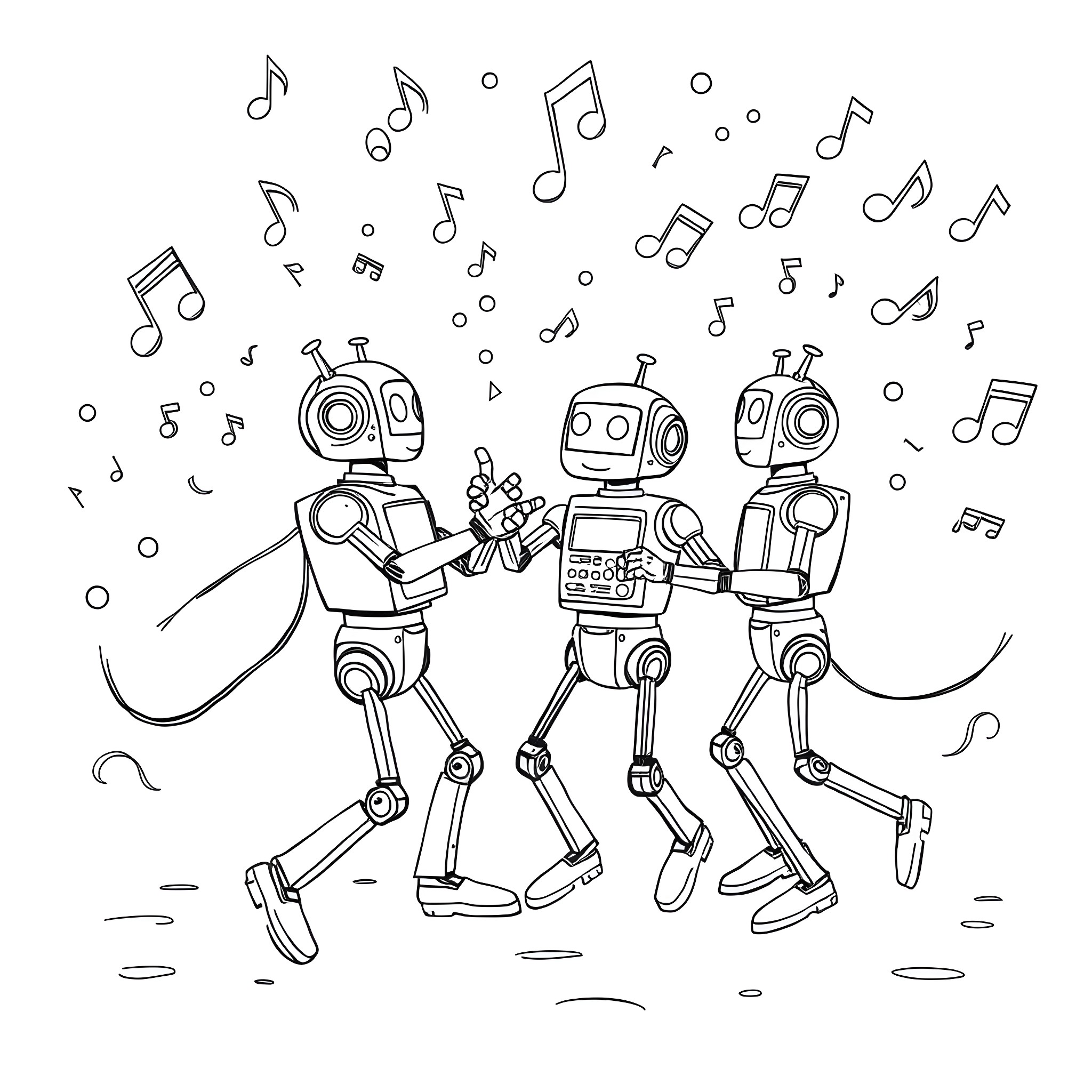 Repobot dancing happily with music notes Coloring Page (free black-and-white line drawing printable PDF for all, from beginners to advanced learners, including children, teens, adults, and seniors)