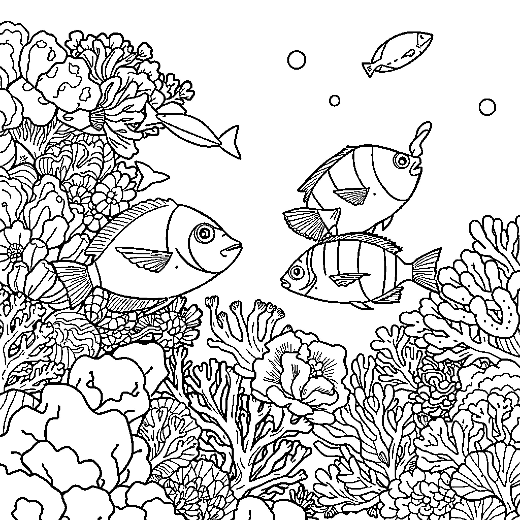 Fish swimming among vibrant coral reef Coloring Page (free black-and-white line drawing printable PDF for all, from beginners to advanced learners, including children, teens, adults, and seniors)