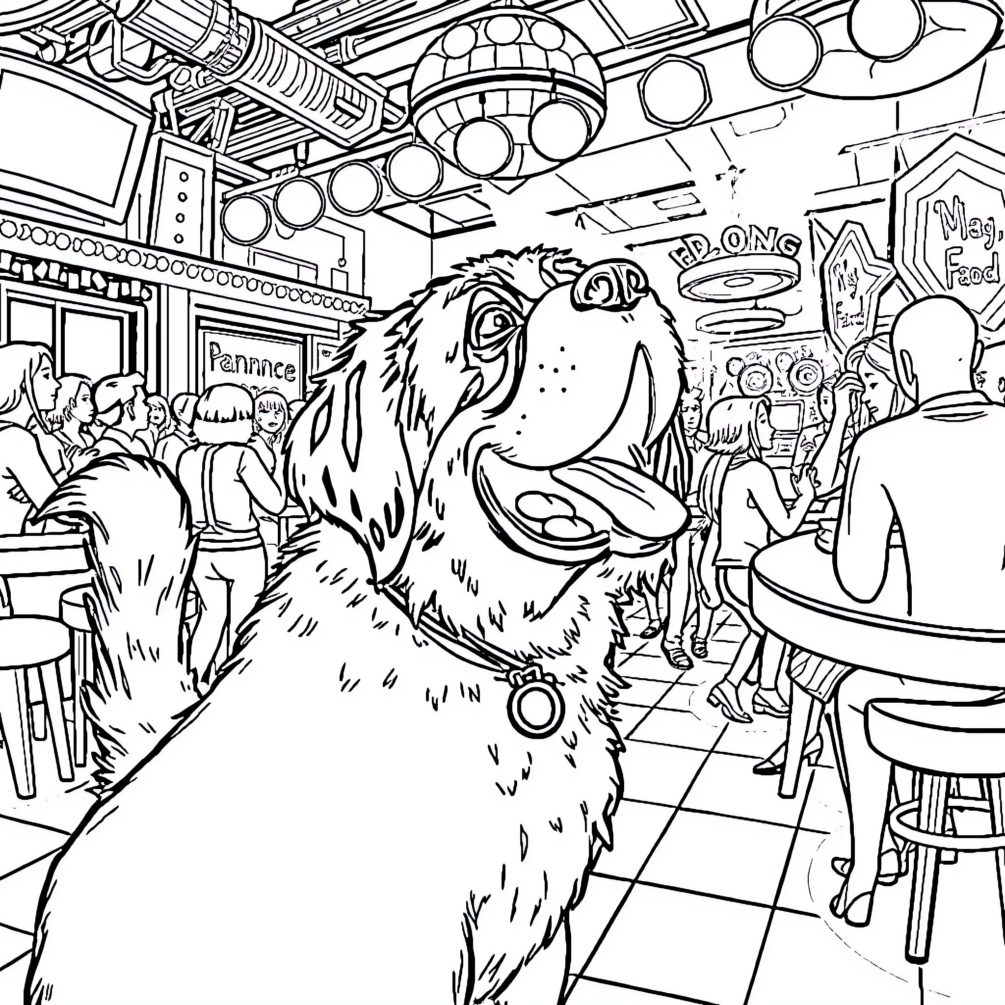St. Bernard Exploring a Lively Diner Coloring Page (free black-and-white line drawing printable PDF for all, from beginners to advanced learners, including children, teens, adults, and seniors)