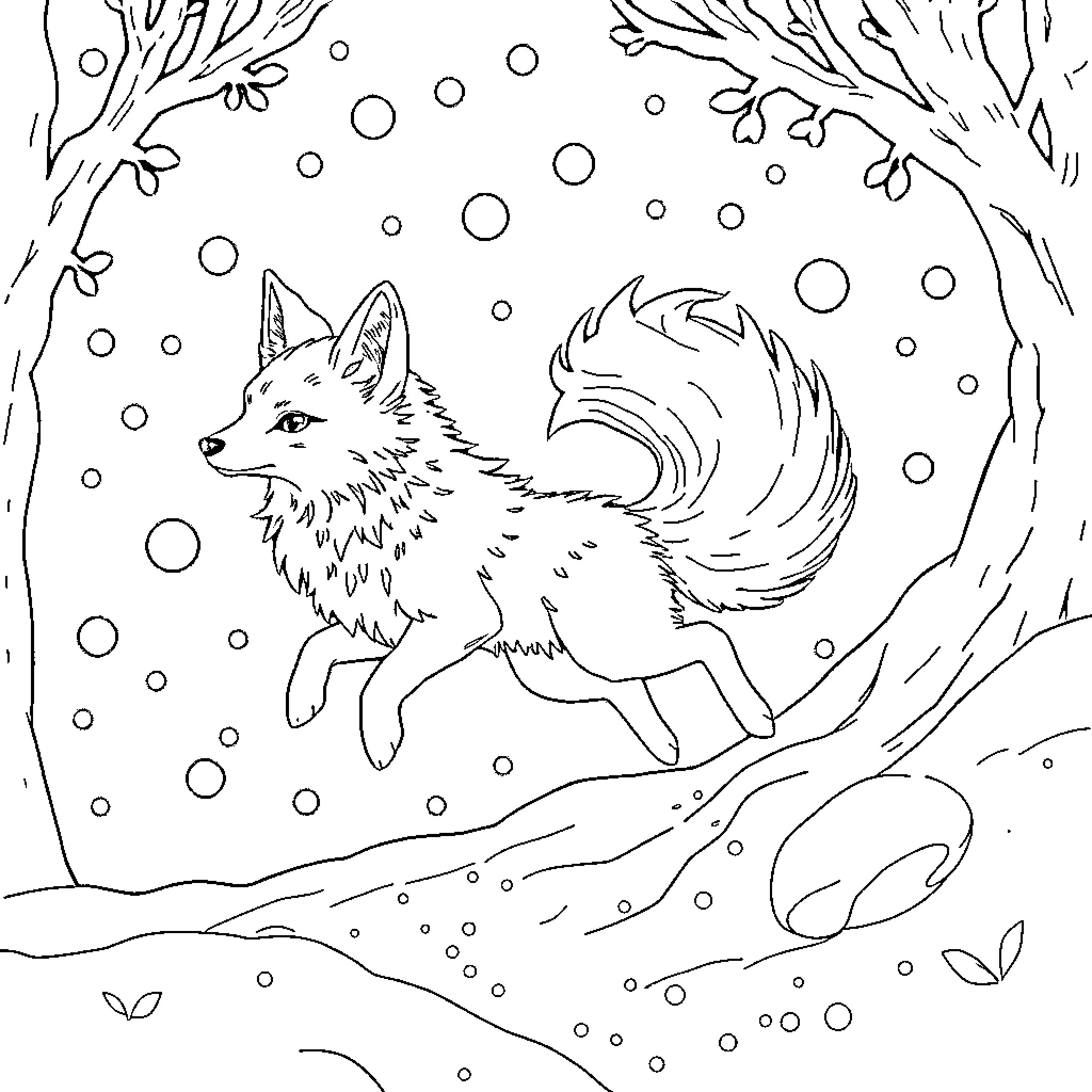 Kitsune in a Snowy Forest Coloring Page (free black-and-white line drawing printable PDF for all, from beginners to advanced learners, including children, teens, adults, and seniors)