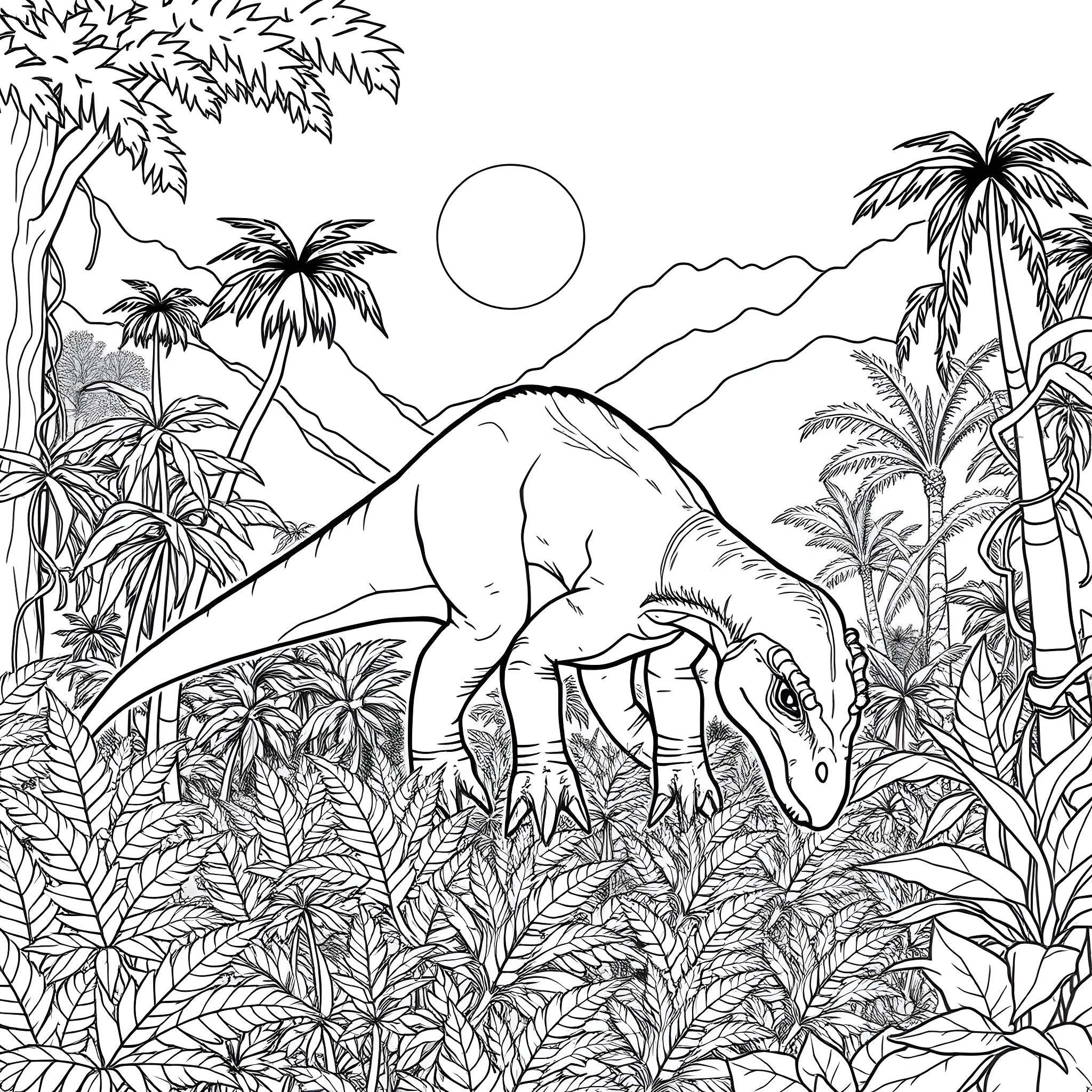 Plant Eater Dinosaur in Lush Tropical Landscape Coloring Page (free black-and-white line drawing printable PDF for all, from beginners to advanced learners, including children, teens, adults, and seniors)