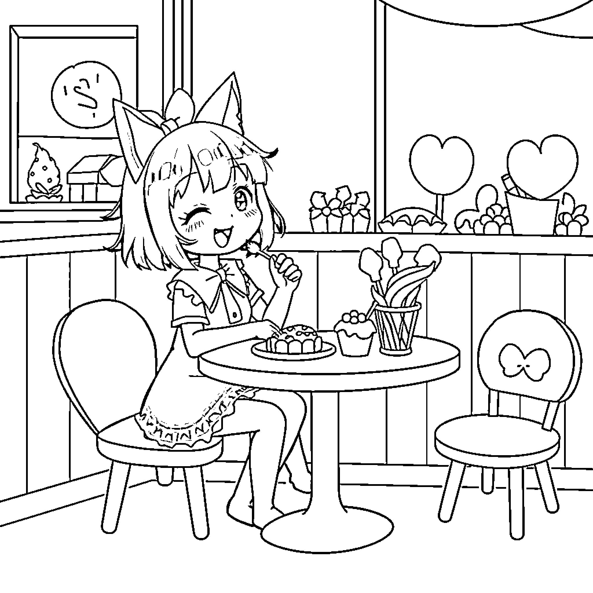 Kuromi enjoying a teatime in a cozy cafe Coloring Page (free black-and-white line drawing printable PDF for all, from beginners to advanced learners, including children, teens, adults, and seniors)