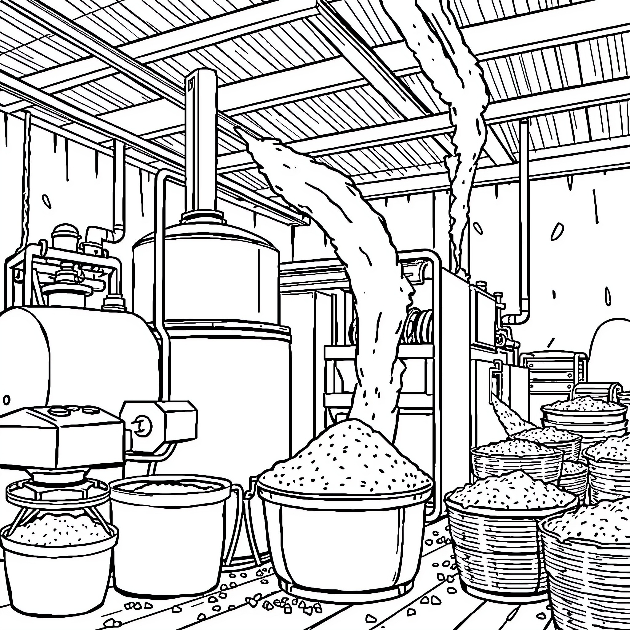 Flour Factory Producing Wheat Flour in Industrial Setting Coloring Page (free black-and-white line drawing printable PDF for all, from beginners to advanced learners, including children, teens, adults, and seniors)
