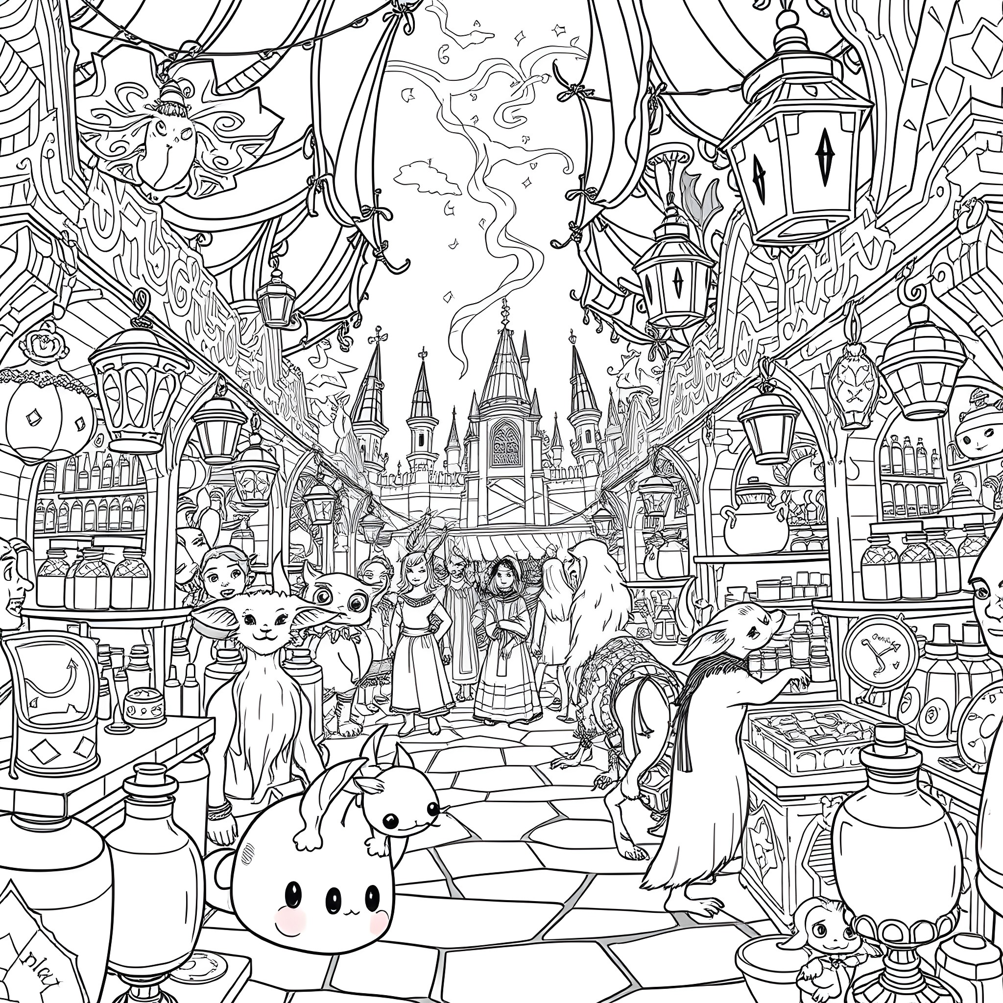 Marketplace with Diverse Crowds and Fantastical Scenery Coloring Page (free black-and-white line drawing printable PDF for all, from beginners to advanced learners, including children, teens, adults, and seniors)