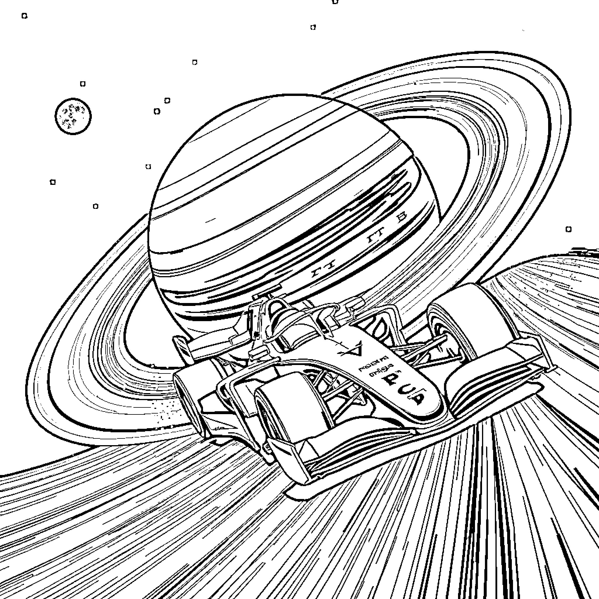 F1 Racing through the cosmos Coloring Page (free black-and-white line drawing printable PDF for all, from beginners to advanced learners, including children, teens, adults, and seniors)