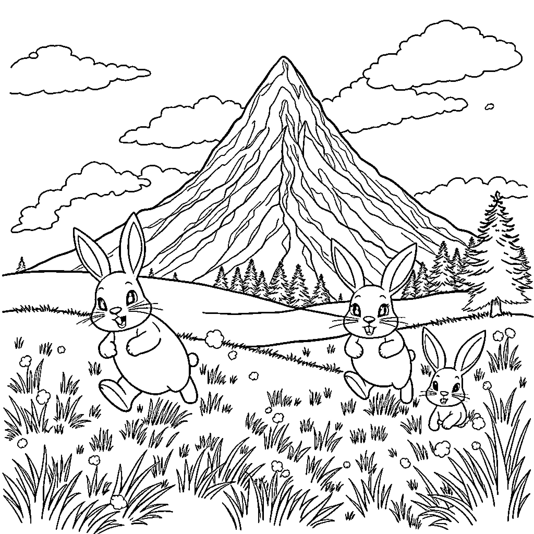 Bunny family frolicking in alpine meadow Coloring Page (free black-and-white line drawing printable PDF for all, from beginners to advanced learners, including children, teens, adults, and seniors)