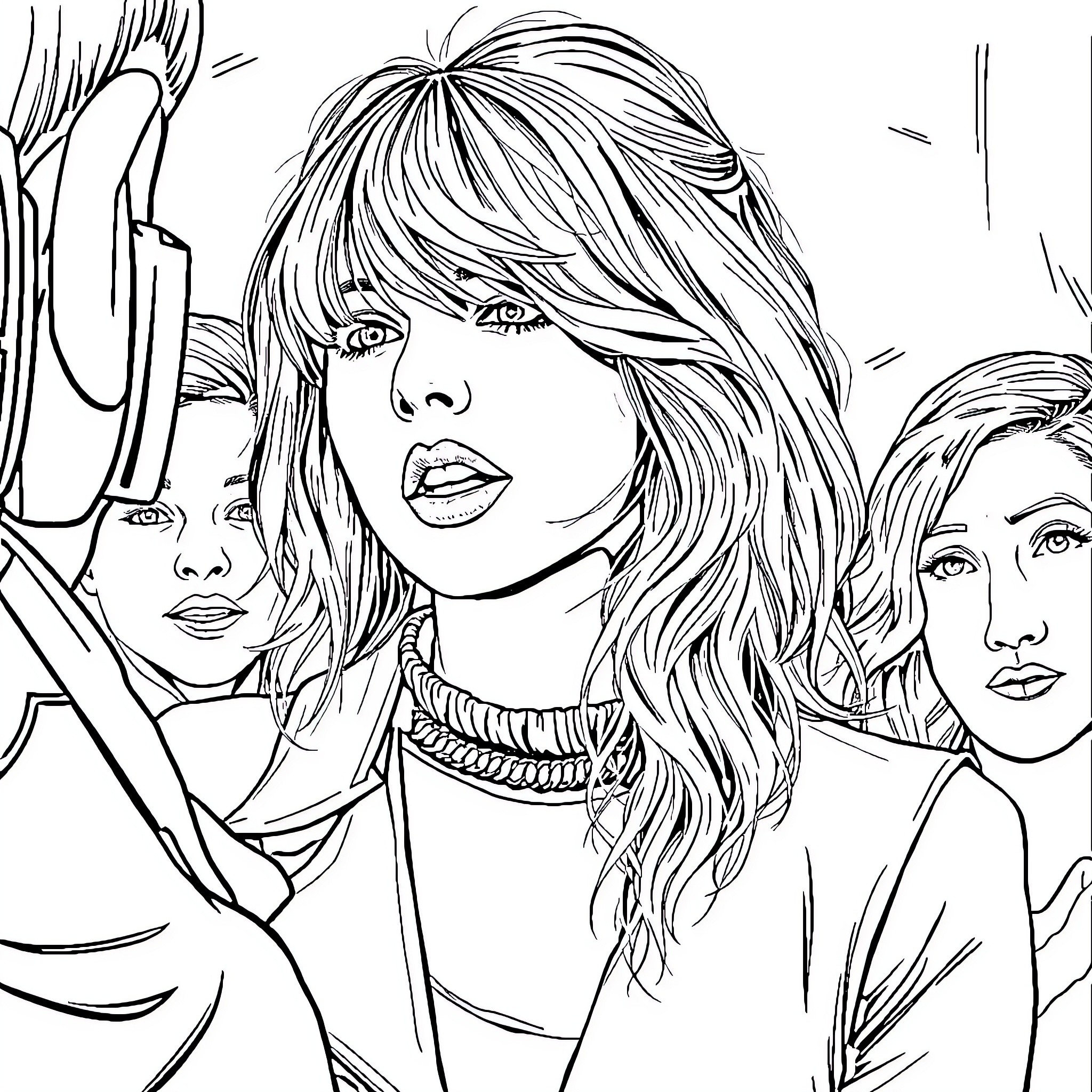 Taylor Swift performing on stage with backup dancers Coloring Page (free black-and-white line drawing printable PDF for all, from beginners to advanced learners, including children, teens, adults, and seniors)